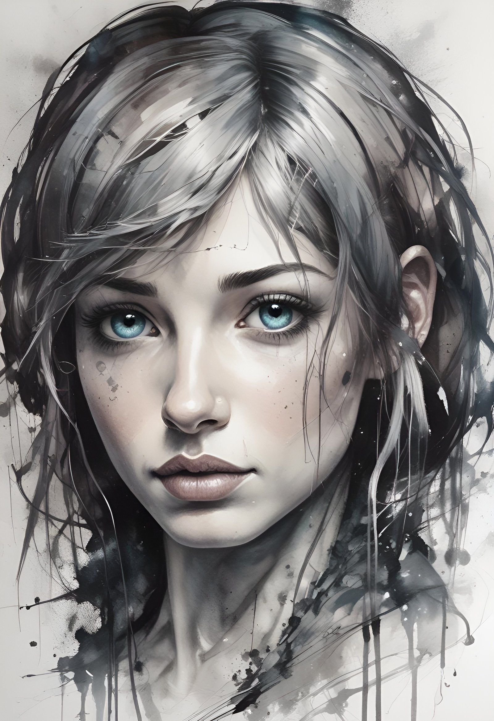 Striking portrait of young woman with piercing blue eyes and ink splatter effects