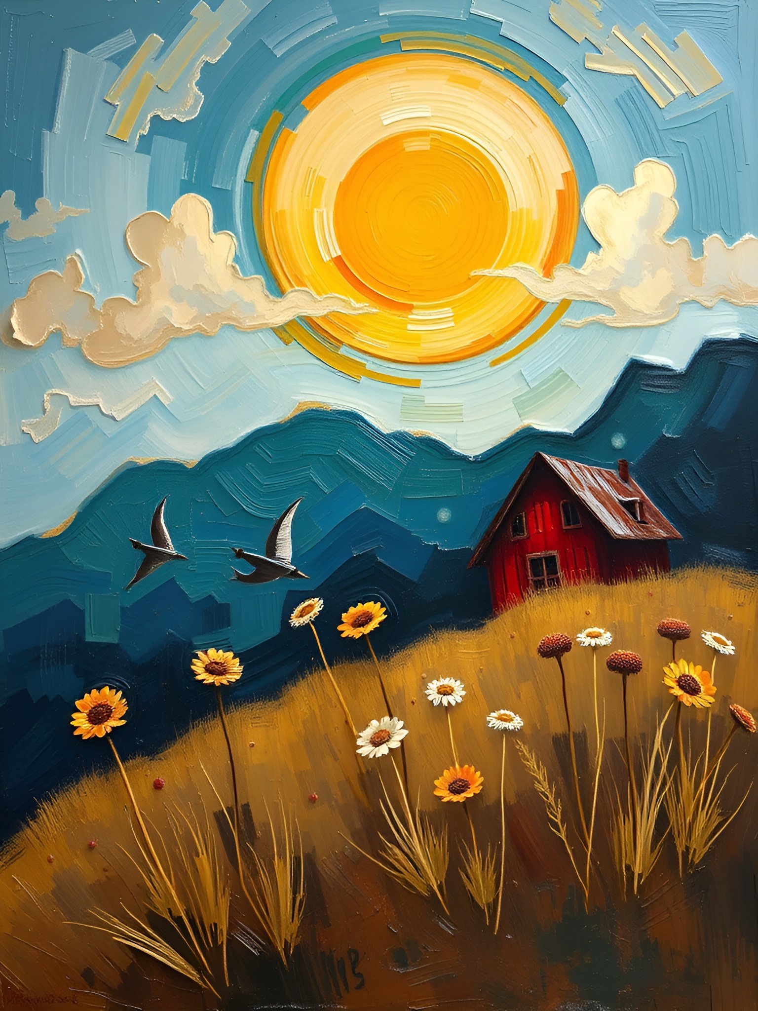 A dreamy Van Gogh style painting of a red barn in a golden sunflower field under huge sun