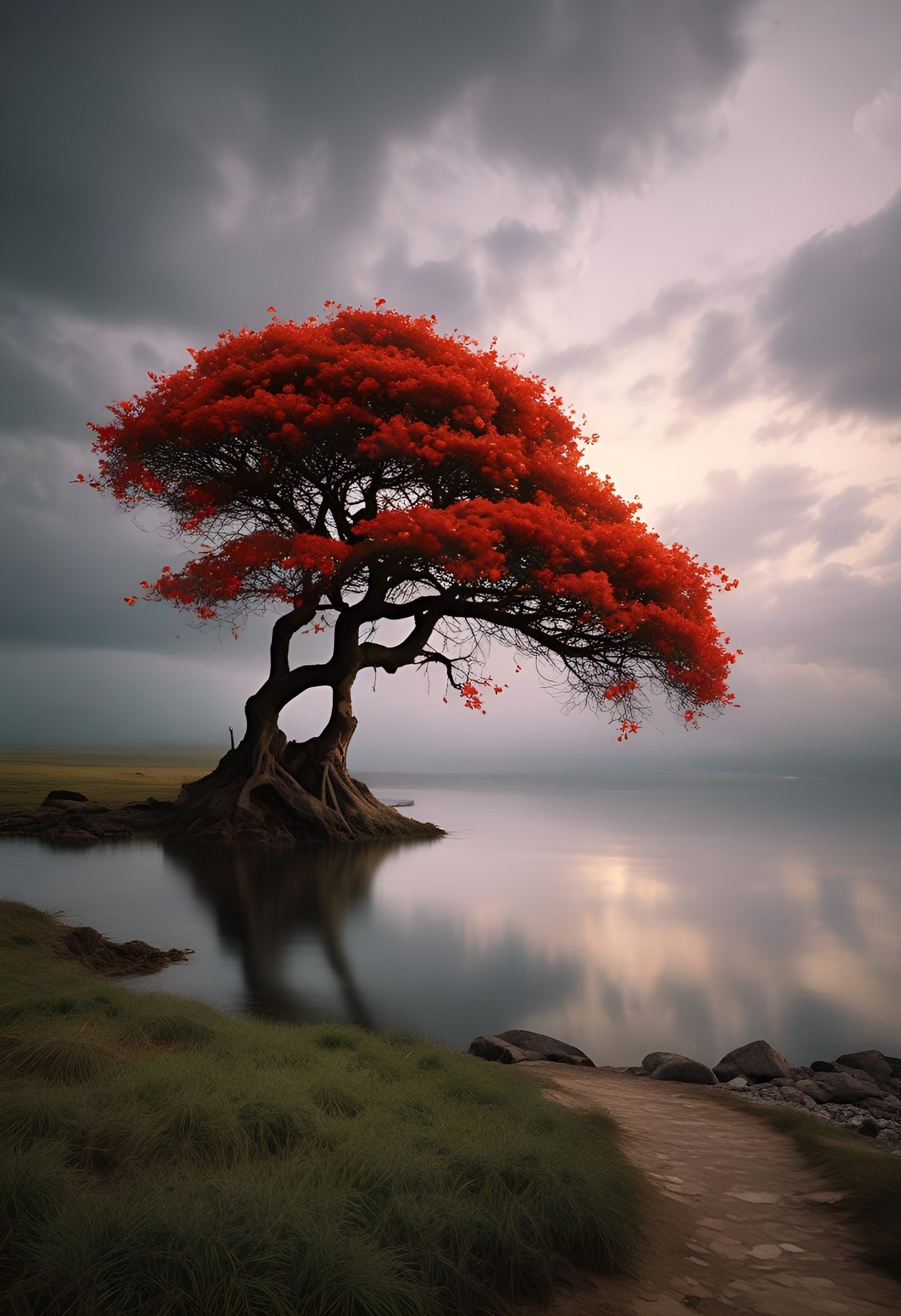 Red flowering tree at lake edge with reflection under cloudy sky near green grass path