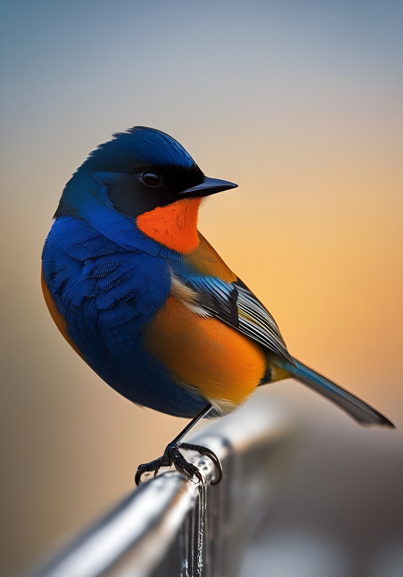 Colorful red-necked tanager perched on metal rail with sunset sky background