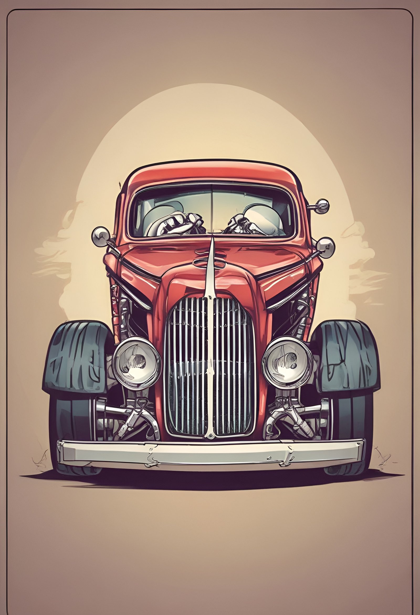 Cartoon red vintage car viewed from front on brown background