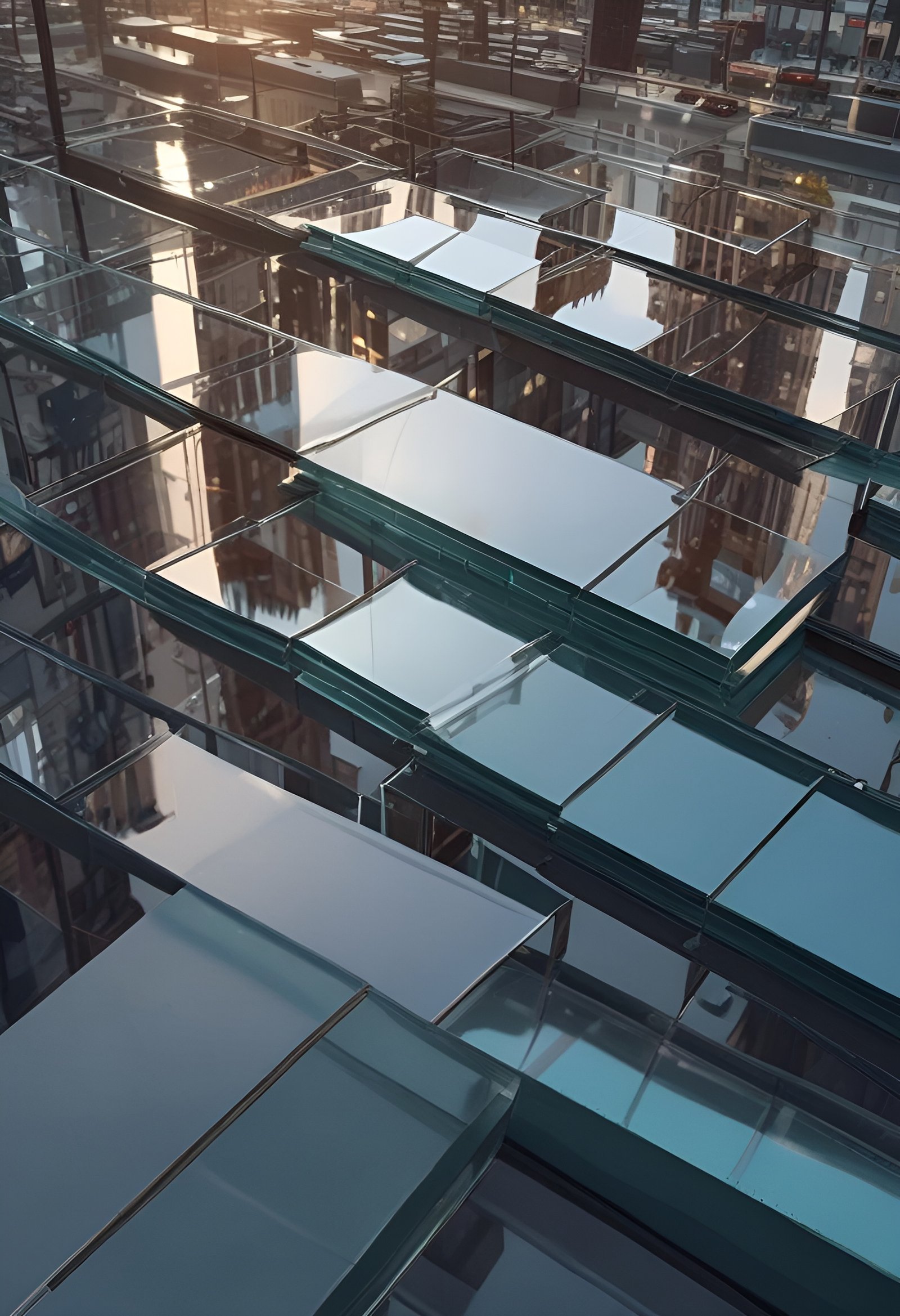 Reflective glass panels showing city buildings at sunset with layered reflections