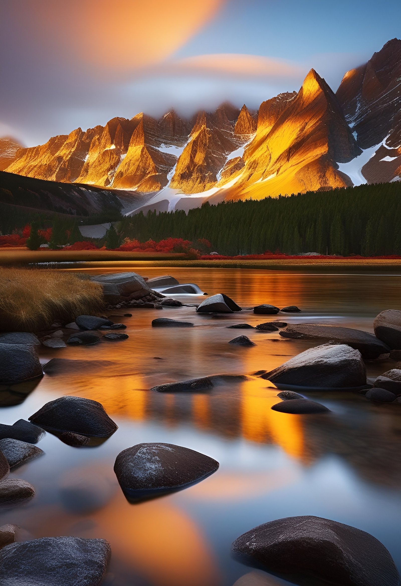 Snow-capped mountains reflected in lake with rocks in stream at sunset