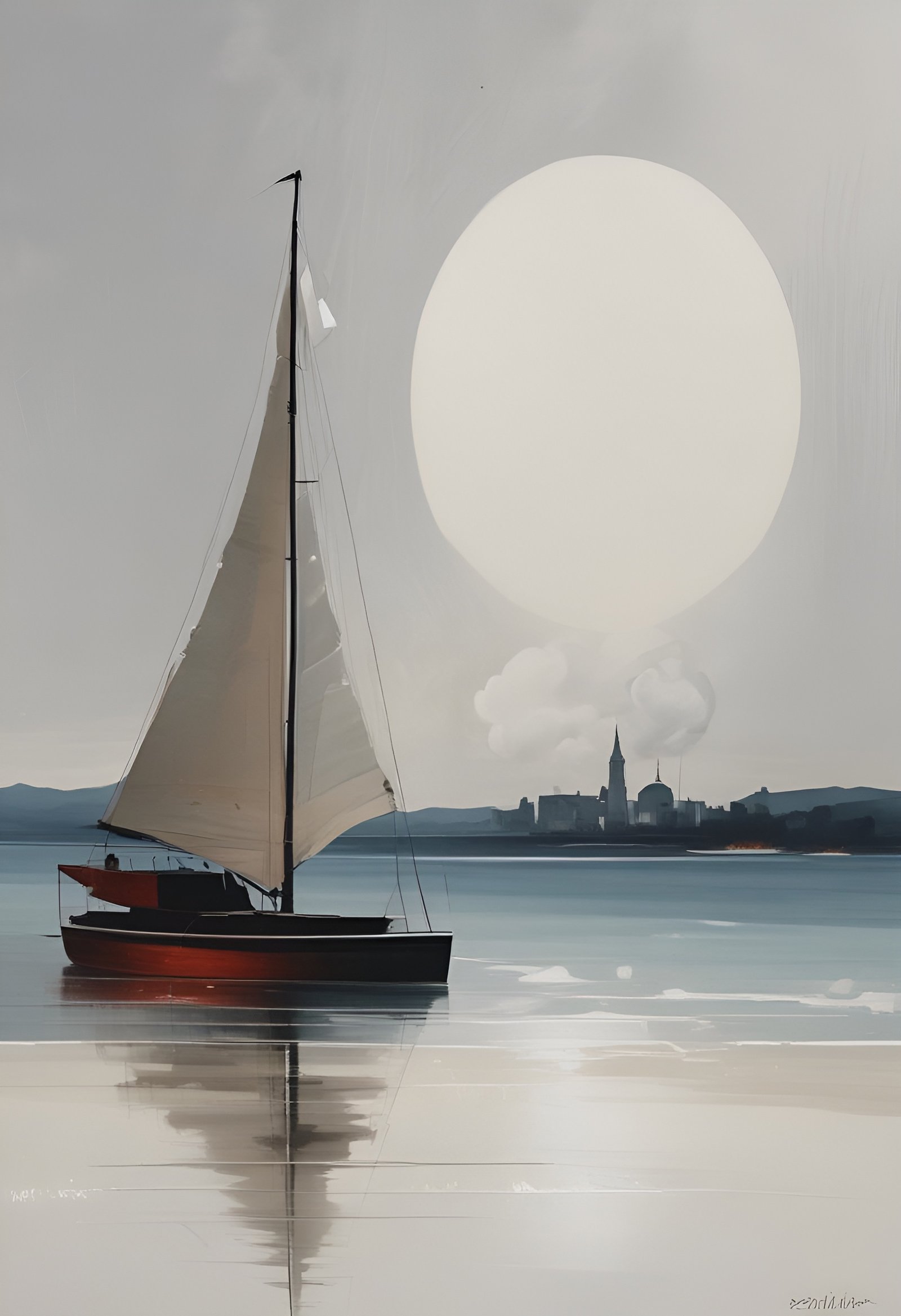 Red sailboat on calm water with large moon and city silhouette reflection