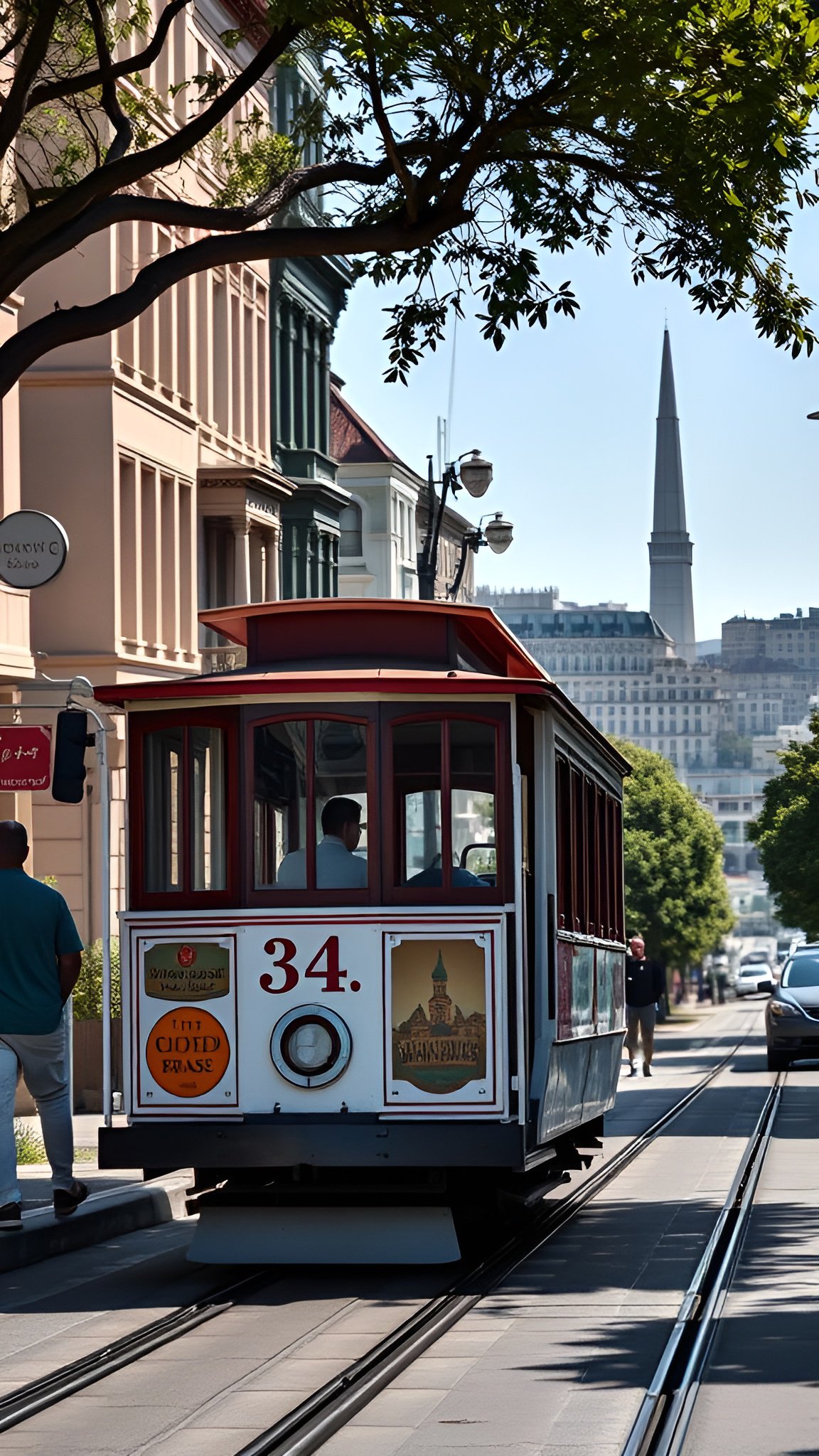 Classic San Francisco cable car climbing steep hill with city skyline in background