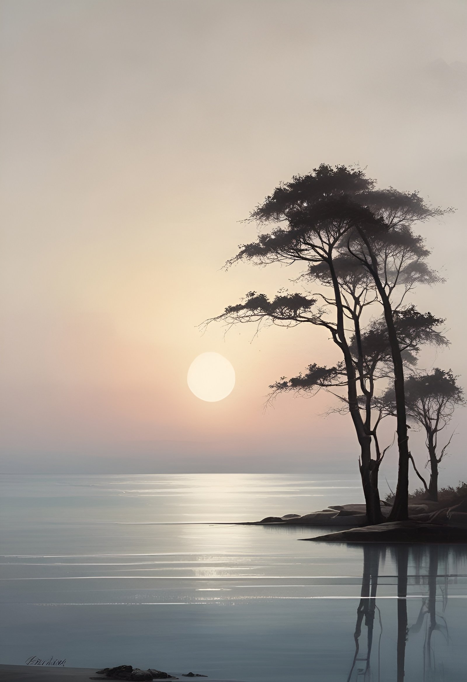 Tranquil lake at sunset with silhouetted acacia trees and perfect golden reflection