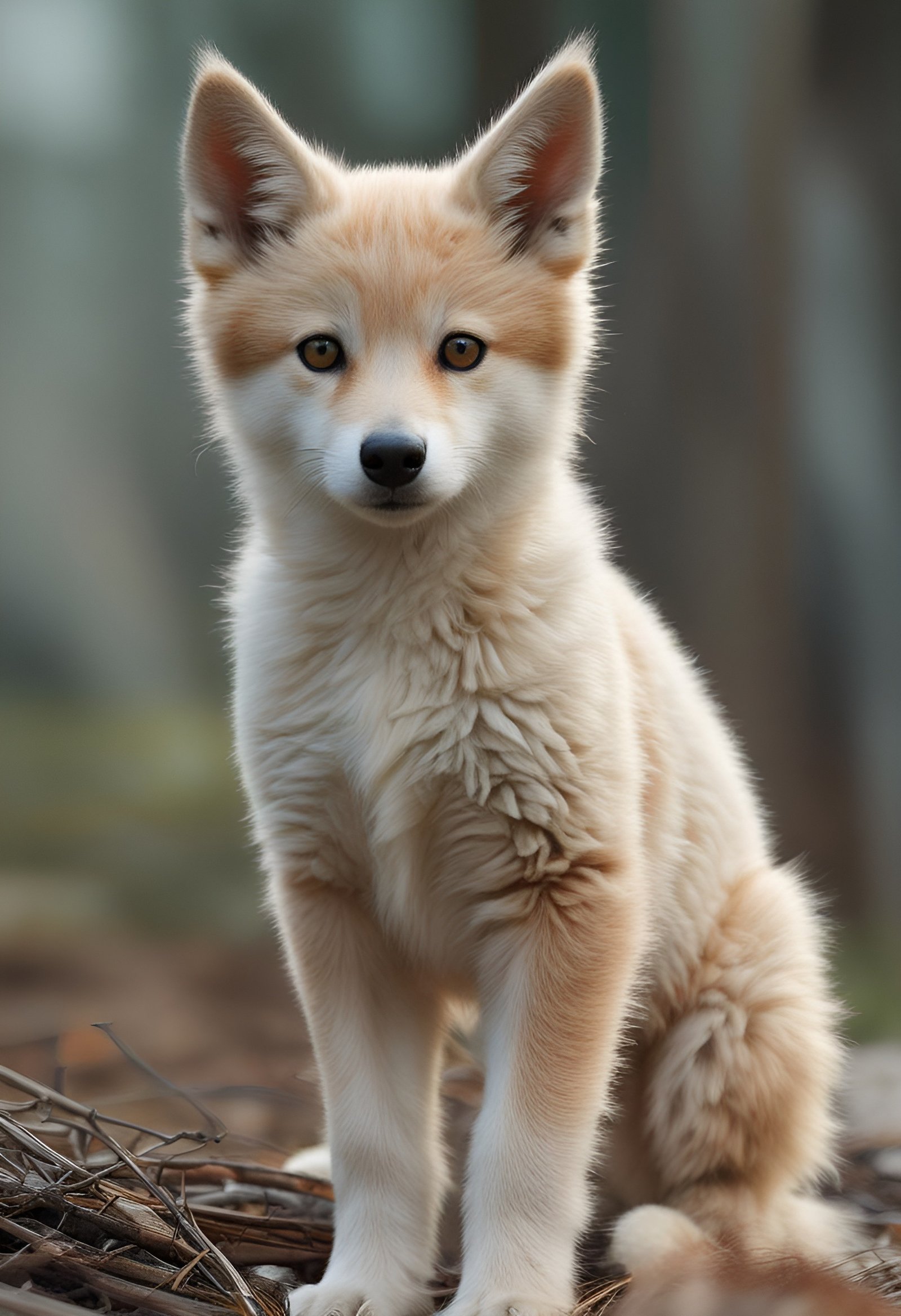 Cute shiba inu puppy sitting on forest floor with blurred background