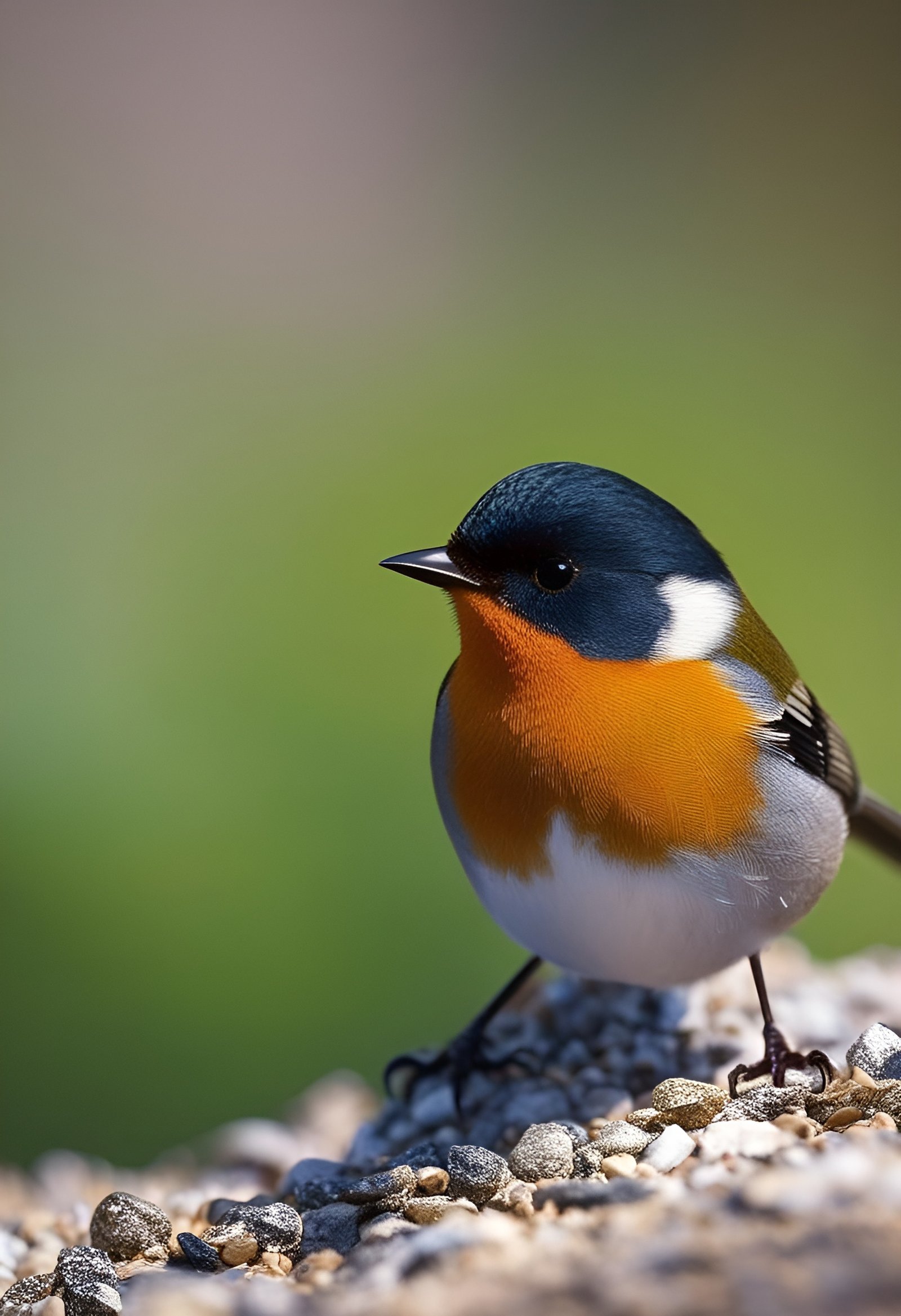 Small colorful bird with blue head orange breast and white belly on gravel ground