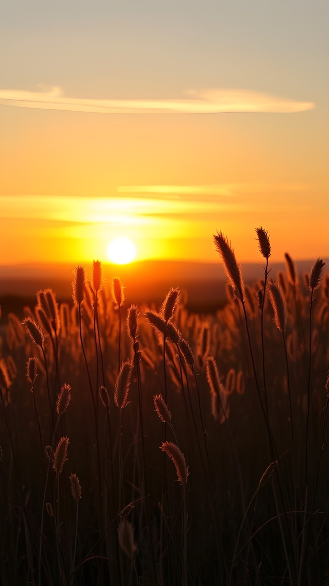 Golden sunset illuminating tall grass field with warm glowing light and silhouettes