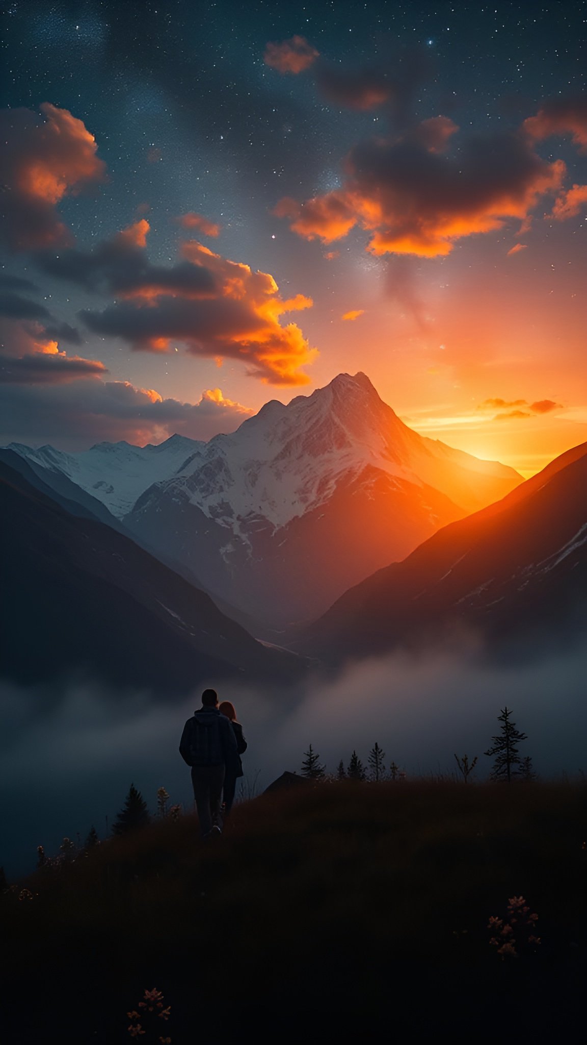 Couple hiking at sunset with dramatic snow-capped mountains and the Milky Way galaxy through mist
