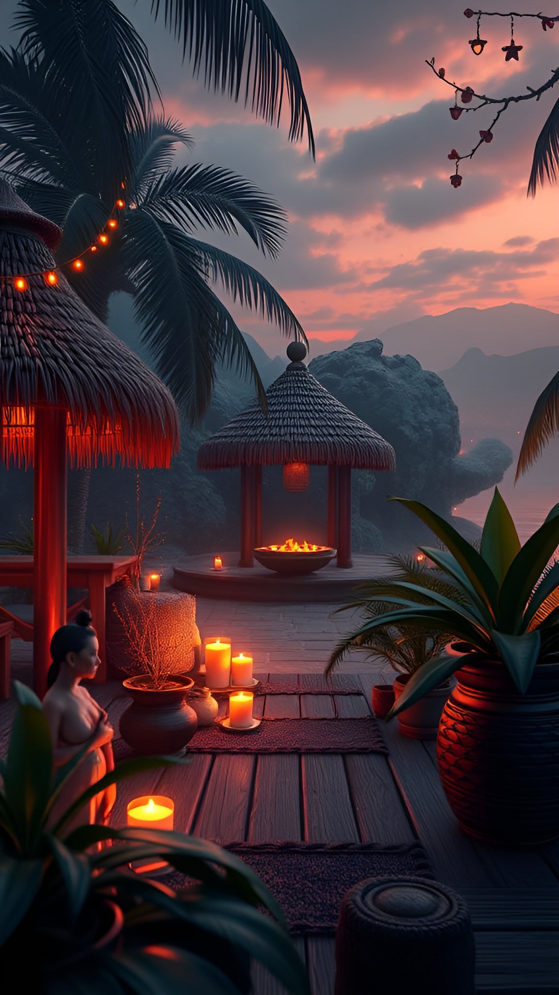 Cozy tropical hut with glowing fire pit and candles at sunset surrounded by palm trees