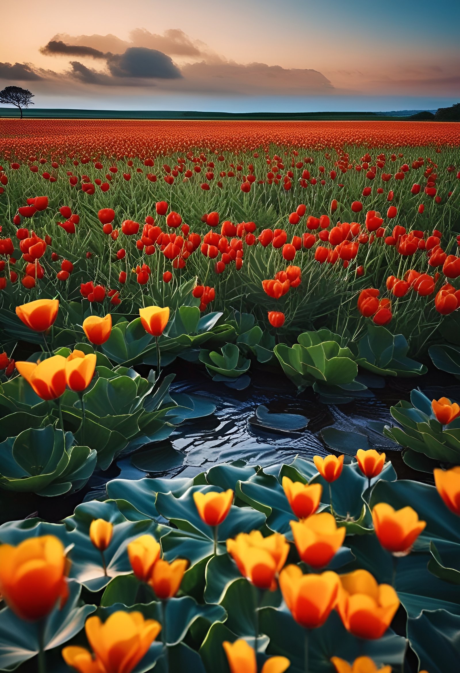 Vibrant tulip field with water channel and lone tree under a sunset sky