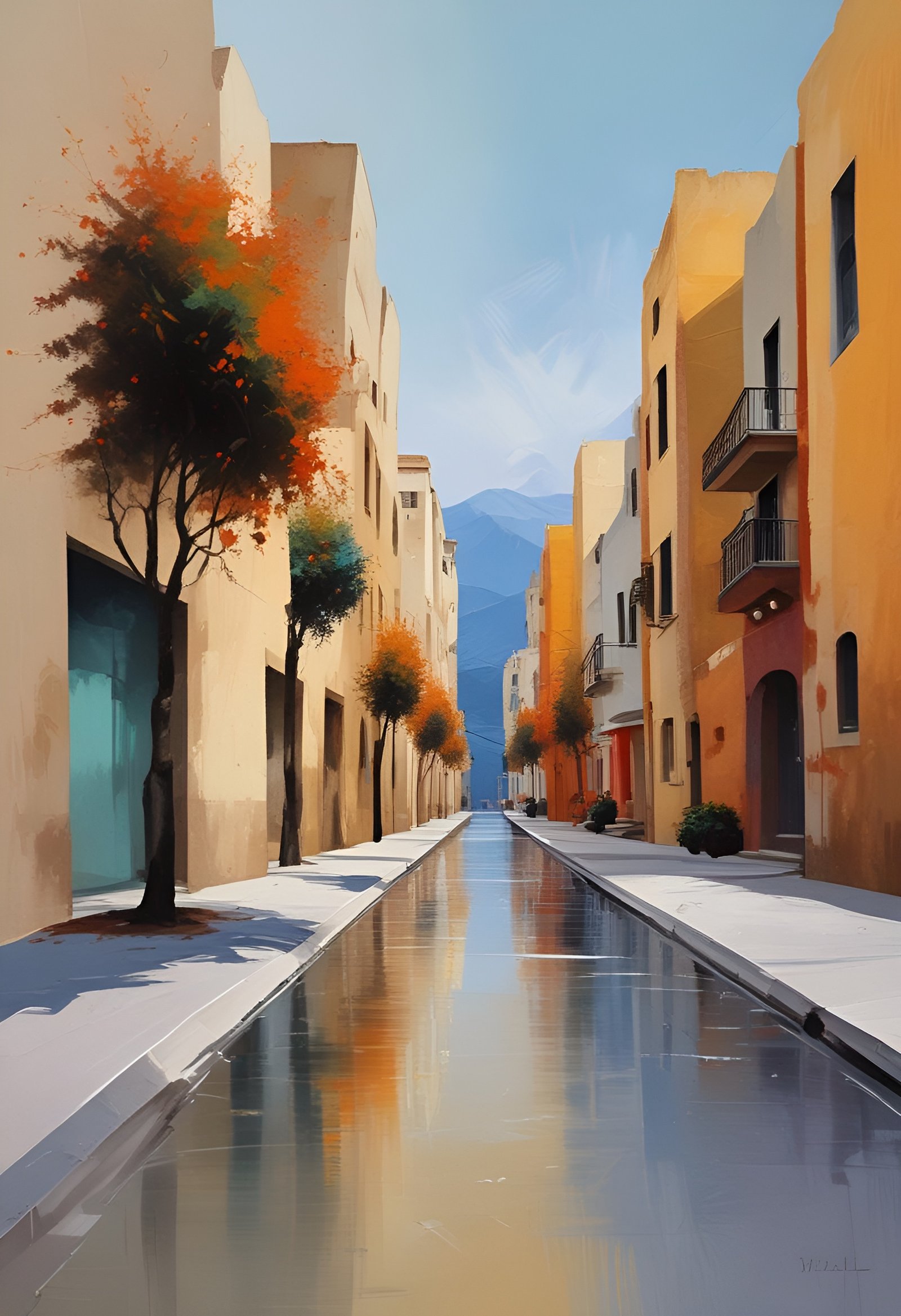 Peaceful wet street reflecting autumn trees and colorful buildings with distant mountains