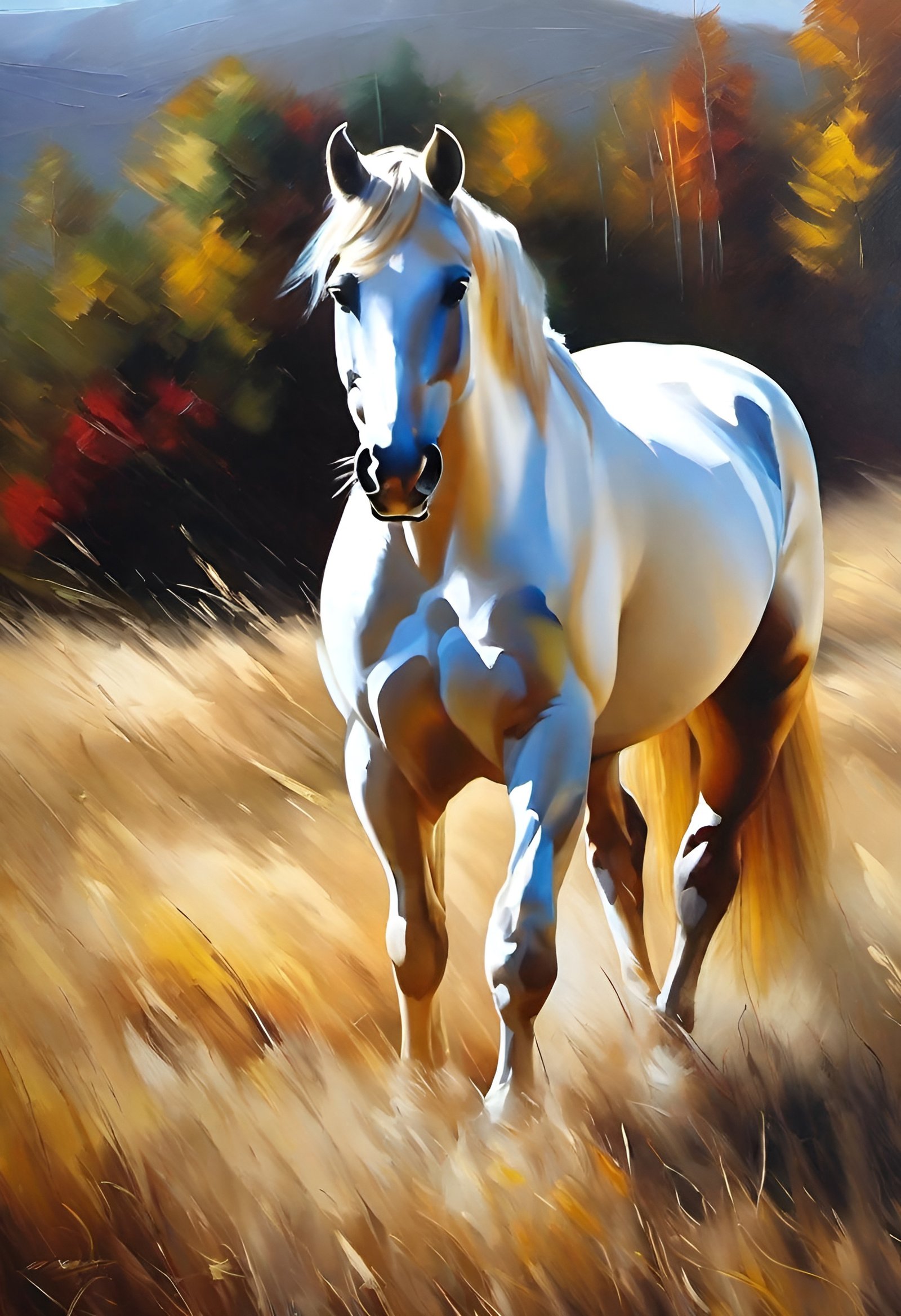 Graceful white horse running through autumn meadow with golden sunlight