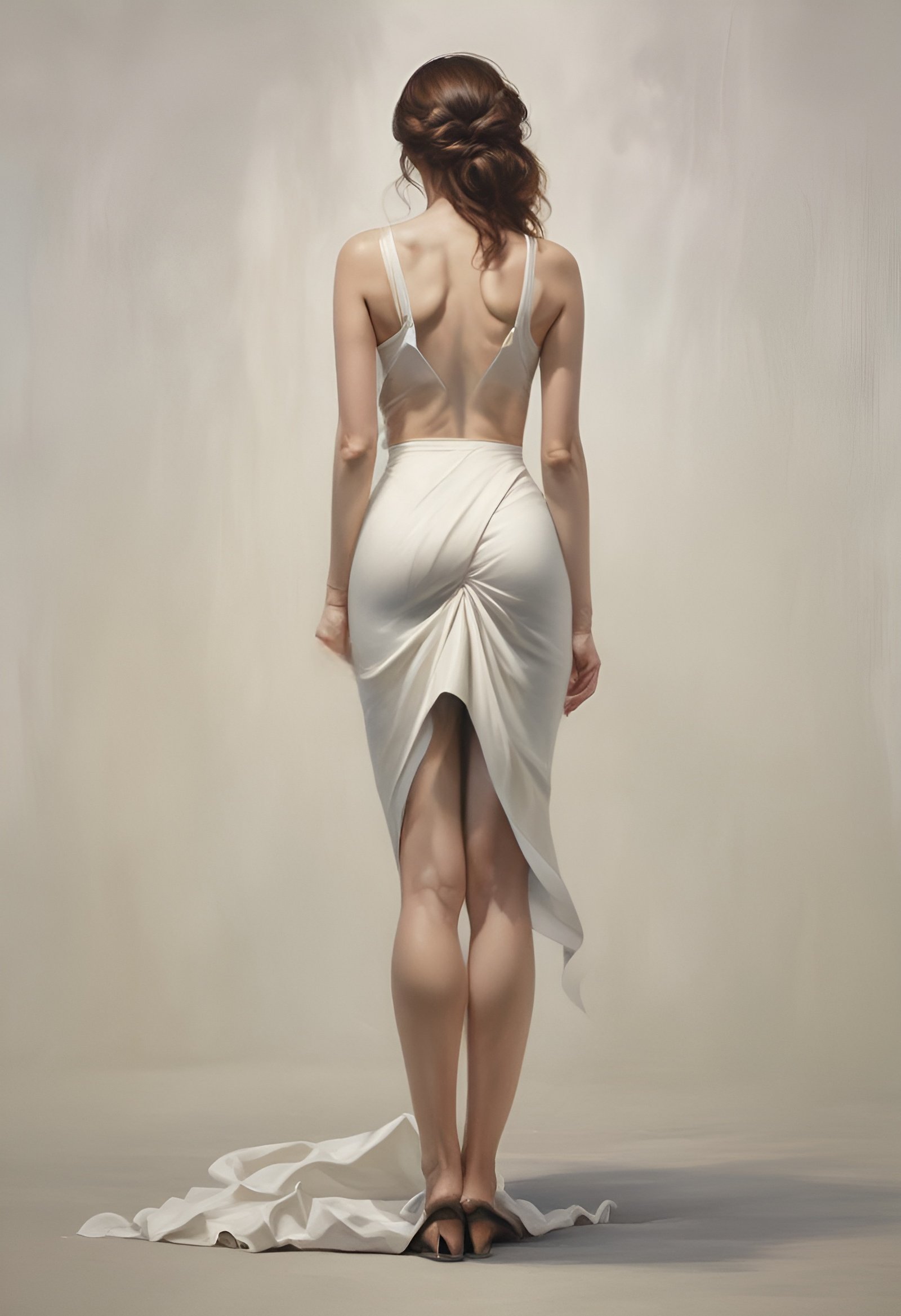 Woman viewed from back in white dress with open back and high slit wearing heels on neutral background