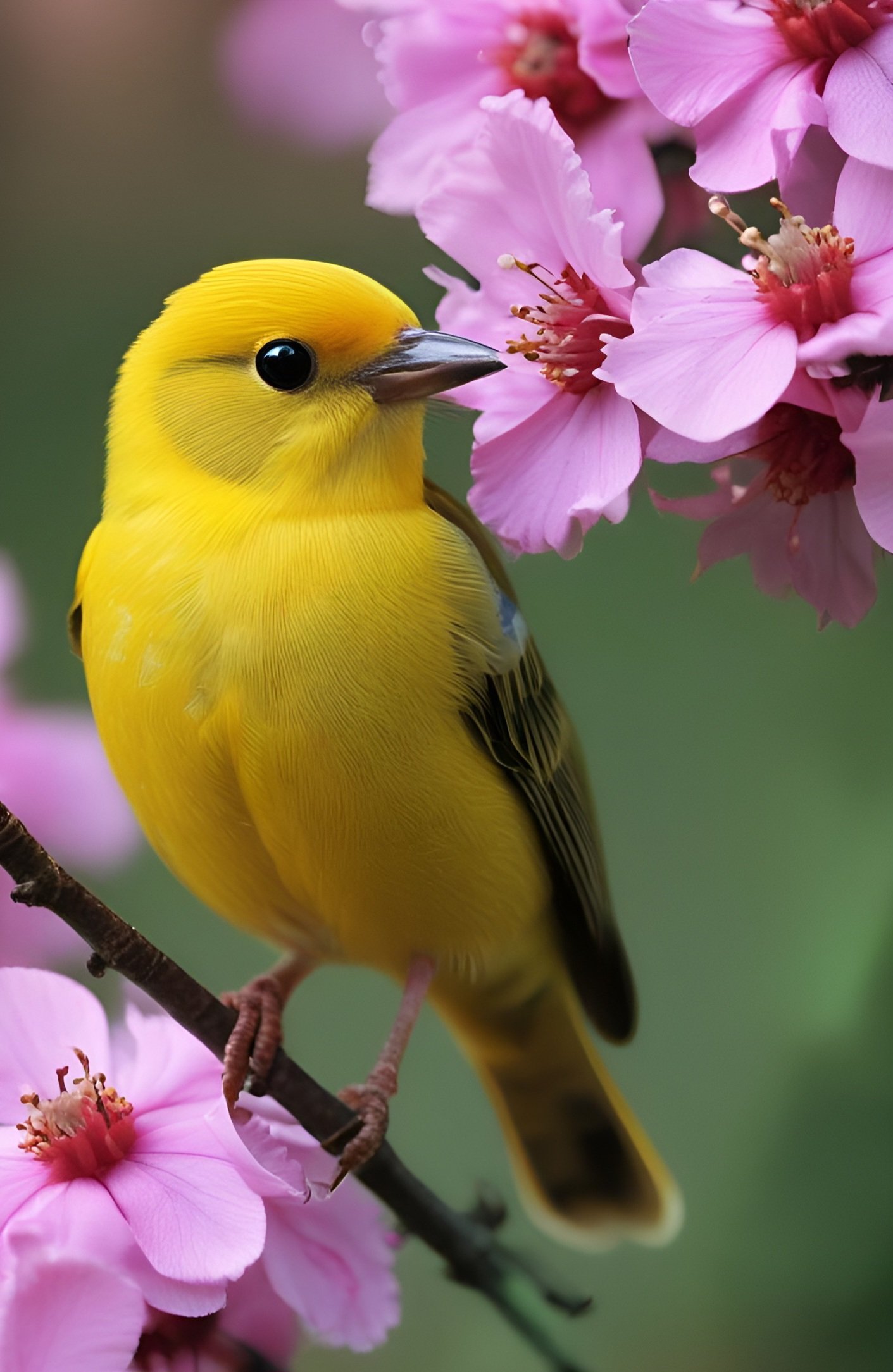 Vibrant yellow bird perched among soft pink cherry blossoms in spring