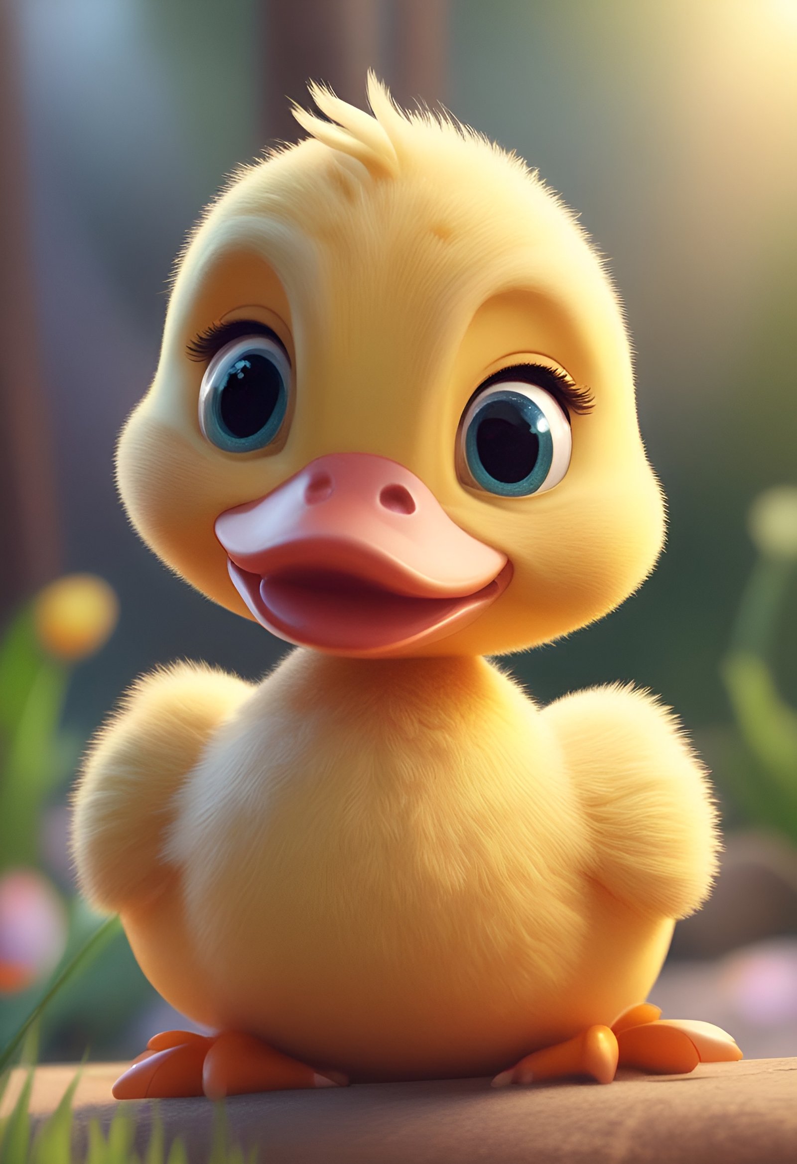 Cute yellow duckling with big blue eyes and pink beak sitting on grass with orange feet
