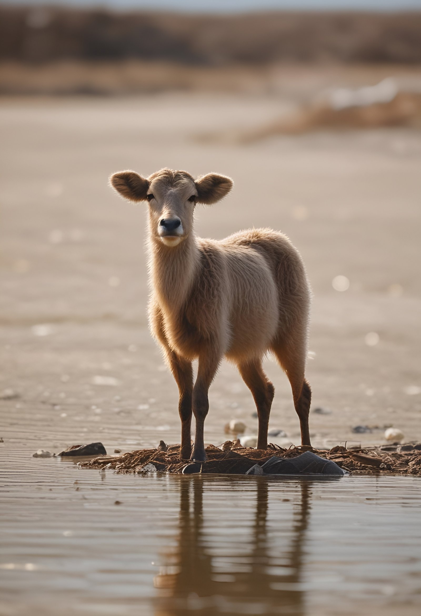 Young wildebeest calf standing in shallow water on sandy plain with reflection