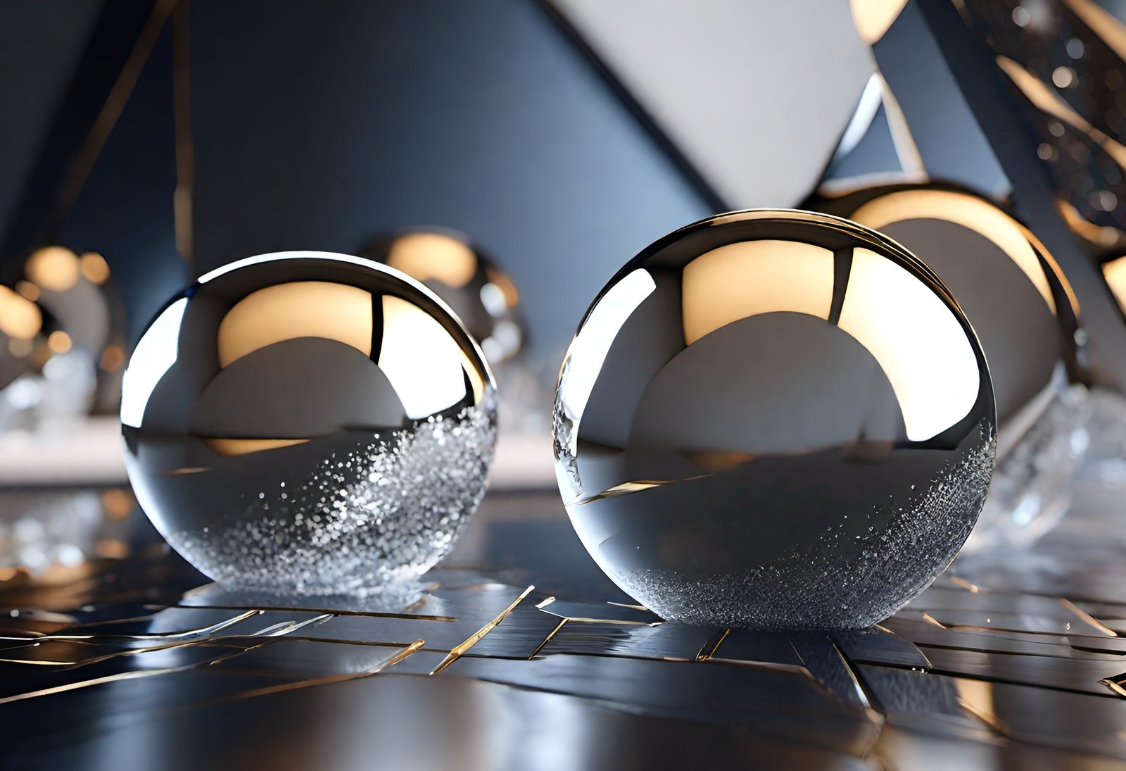 abstract art reflections with frosted chrome spheres and a modern interior background