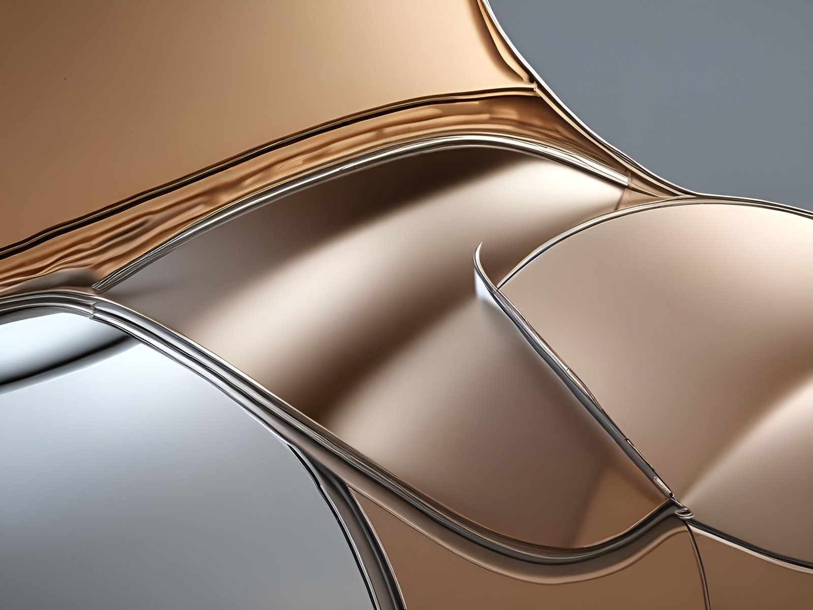 Abstract wavy metallic surfaces in bronze and silver tones on gray background