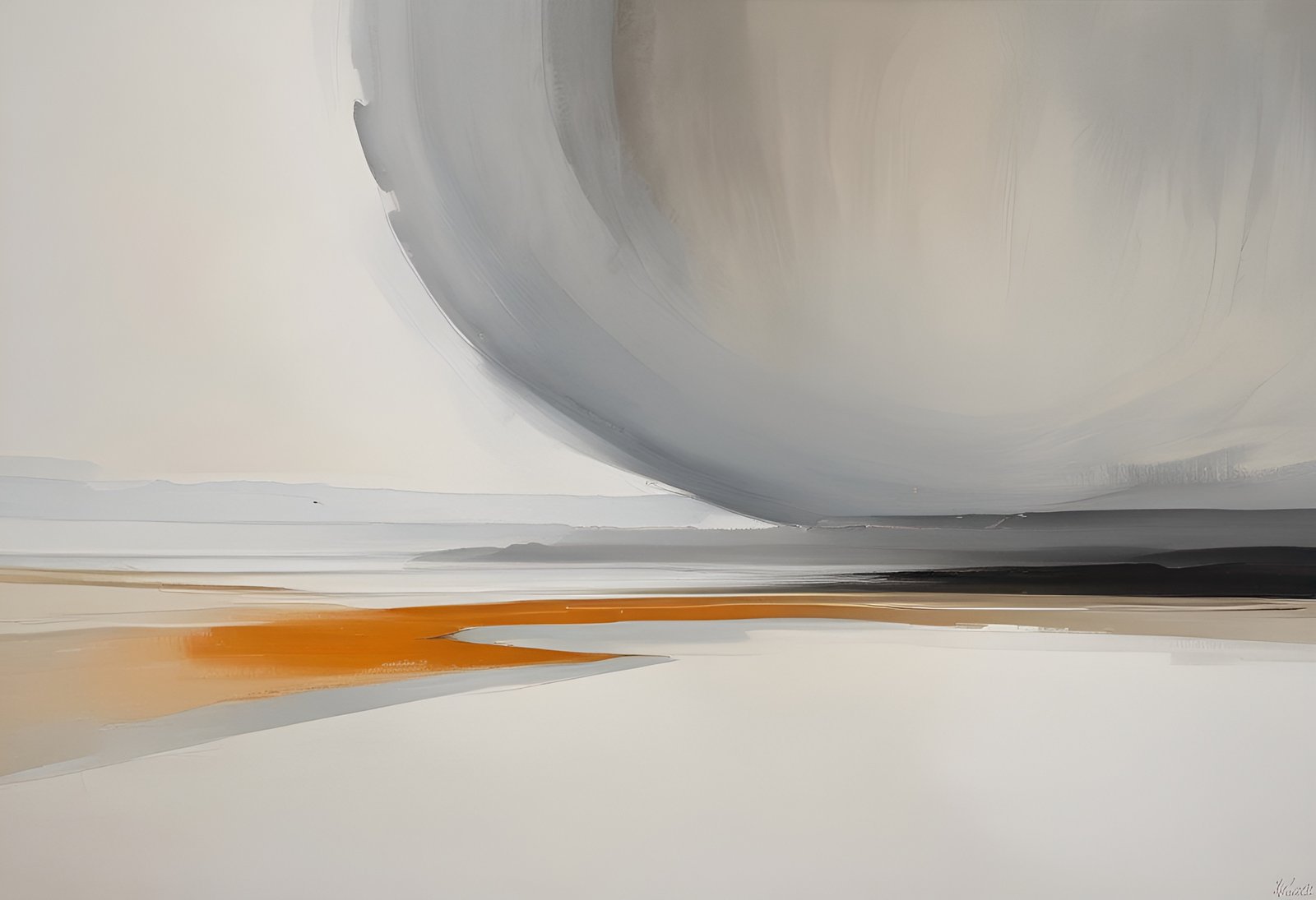 Abstract large gray circular shape above orange stripe on white background