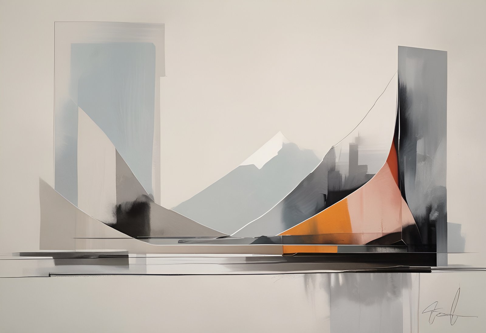 Abstract composition of geometric shapes in blue gray and orange tones