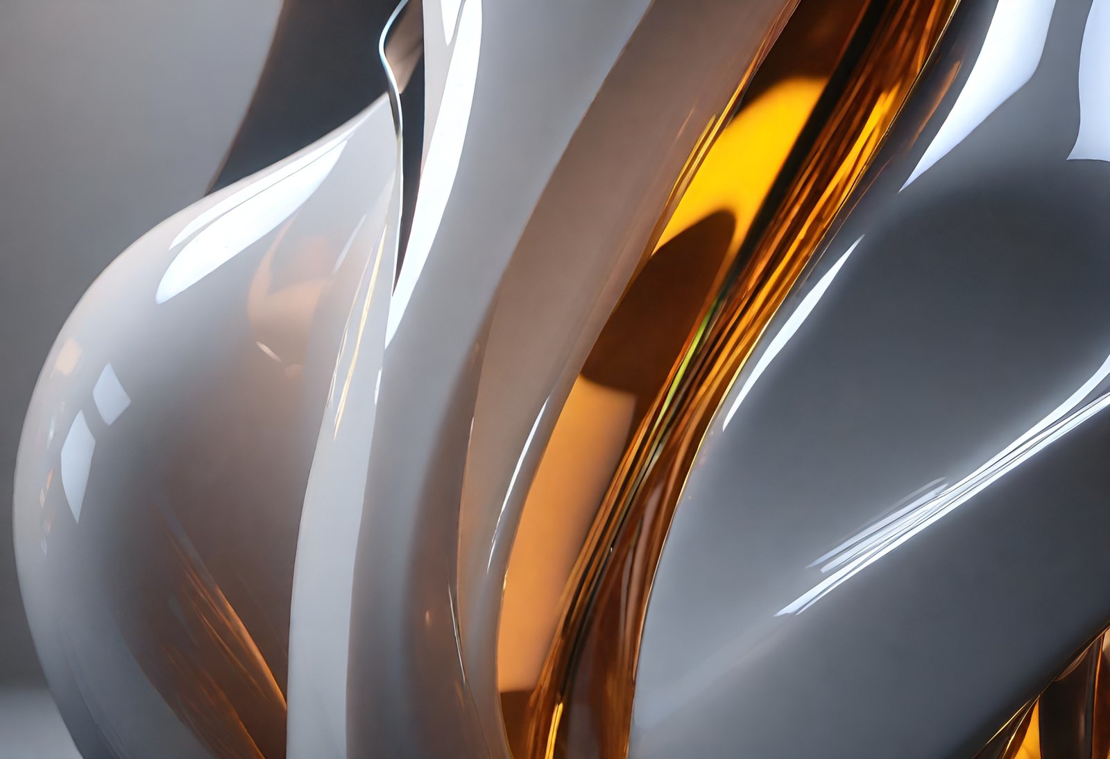 Abstract swirling metallic forms in silver and gold with reflections