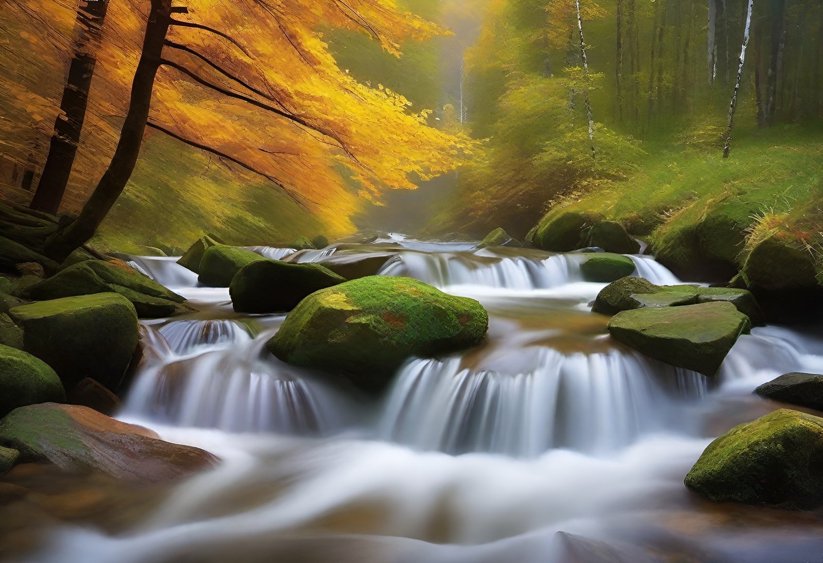 Nature photograph of autumn forest stream with waterfall over mossy rocks