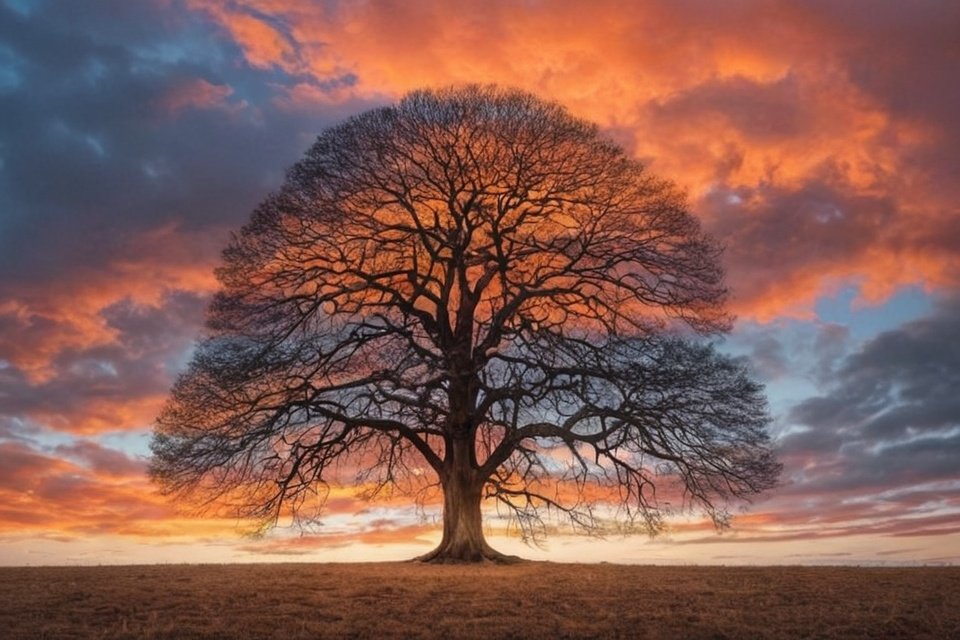 Large bare tree silhouette against orange and blue sunset sky with cloud formations