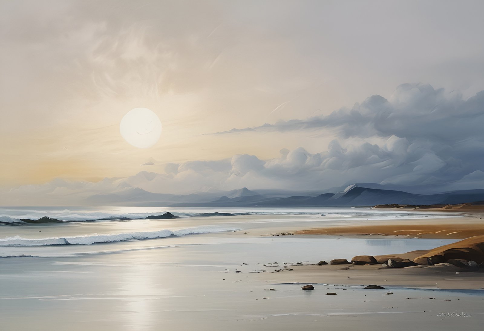 Beach with waves sand and rocks under cloudy sky with sun and distant mountains