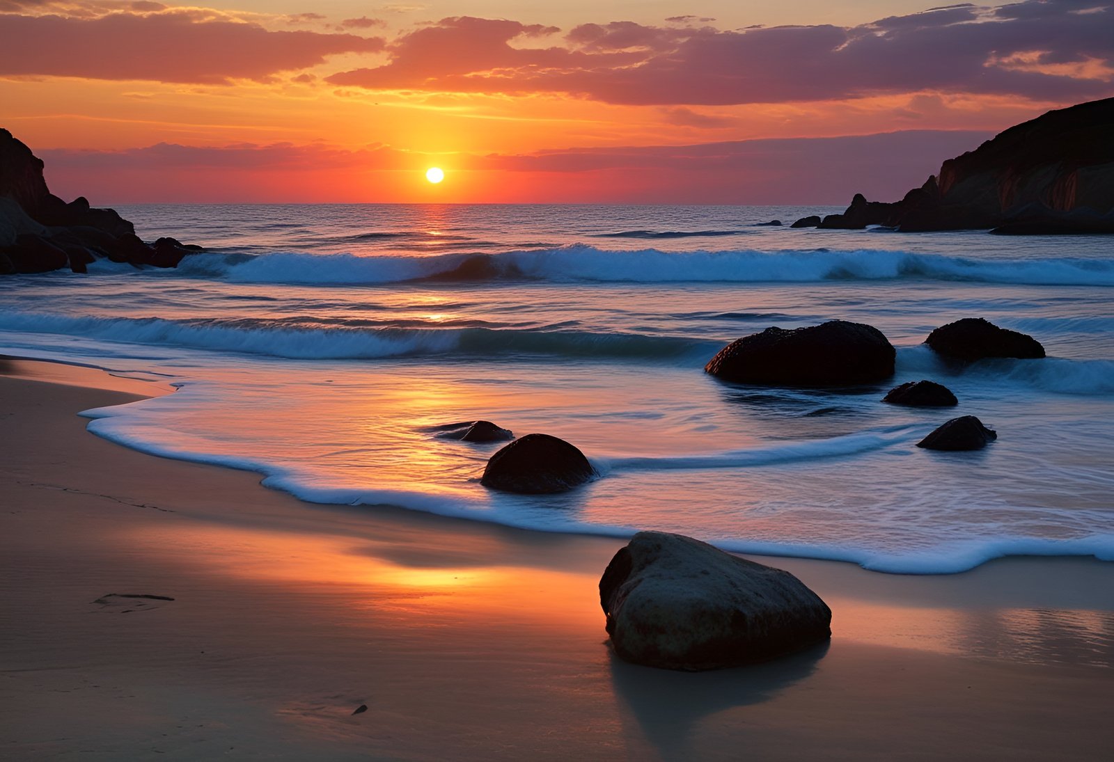 Sunset over beach with sun waves crashing on rocks and orange sky