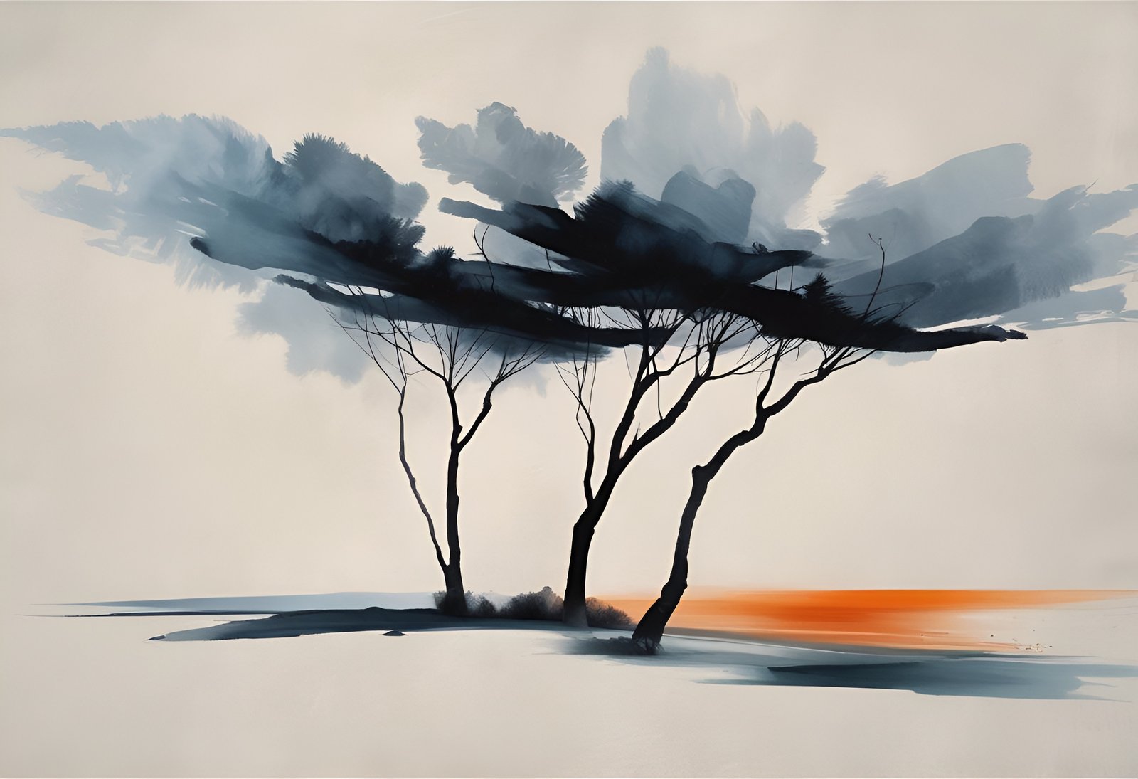 Silhouettes of black trees against orange horizon on white background