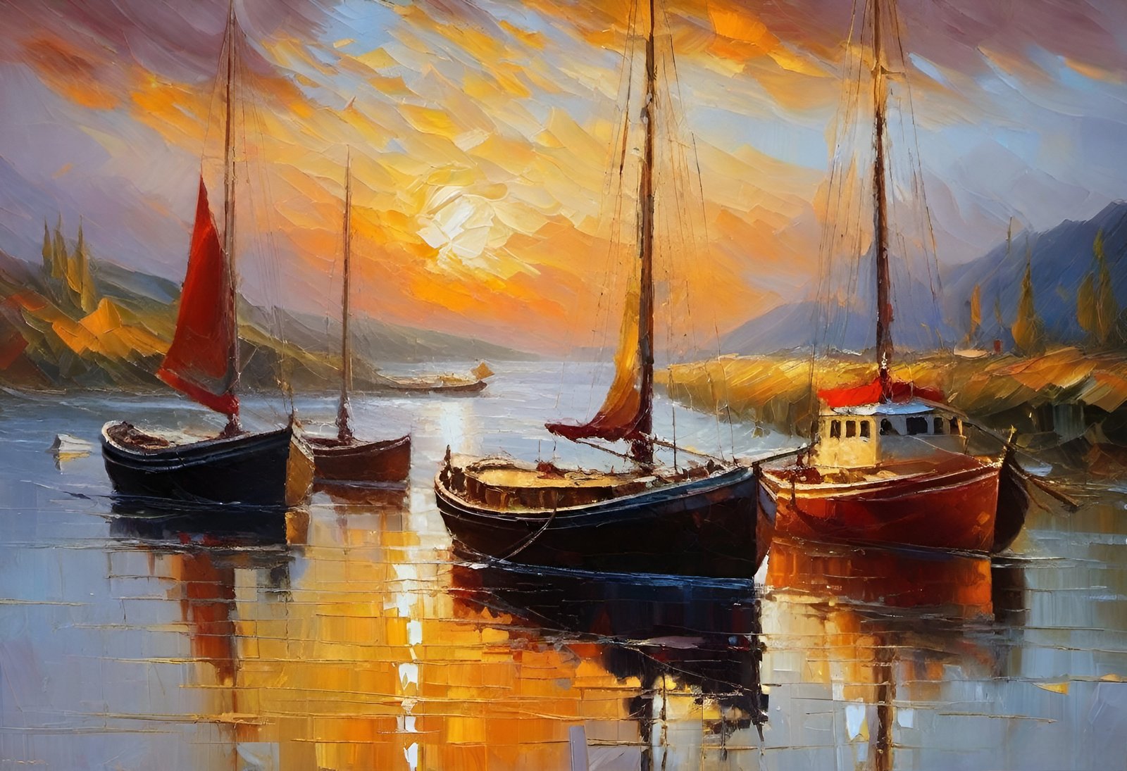Oil painting of boats in harbor at sunset with water reflections and mountains