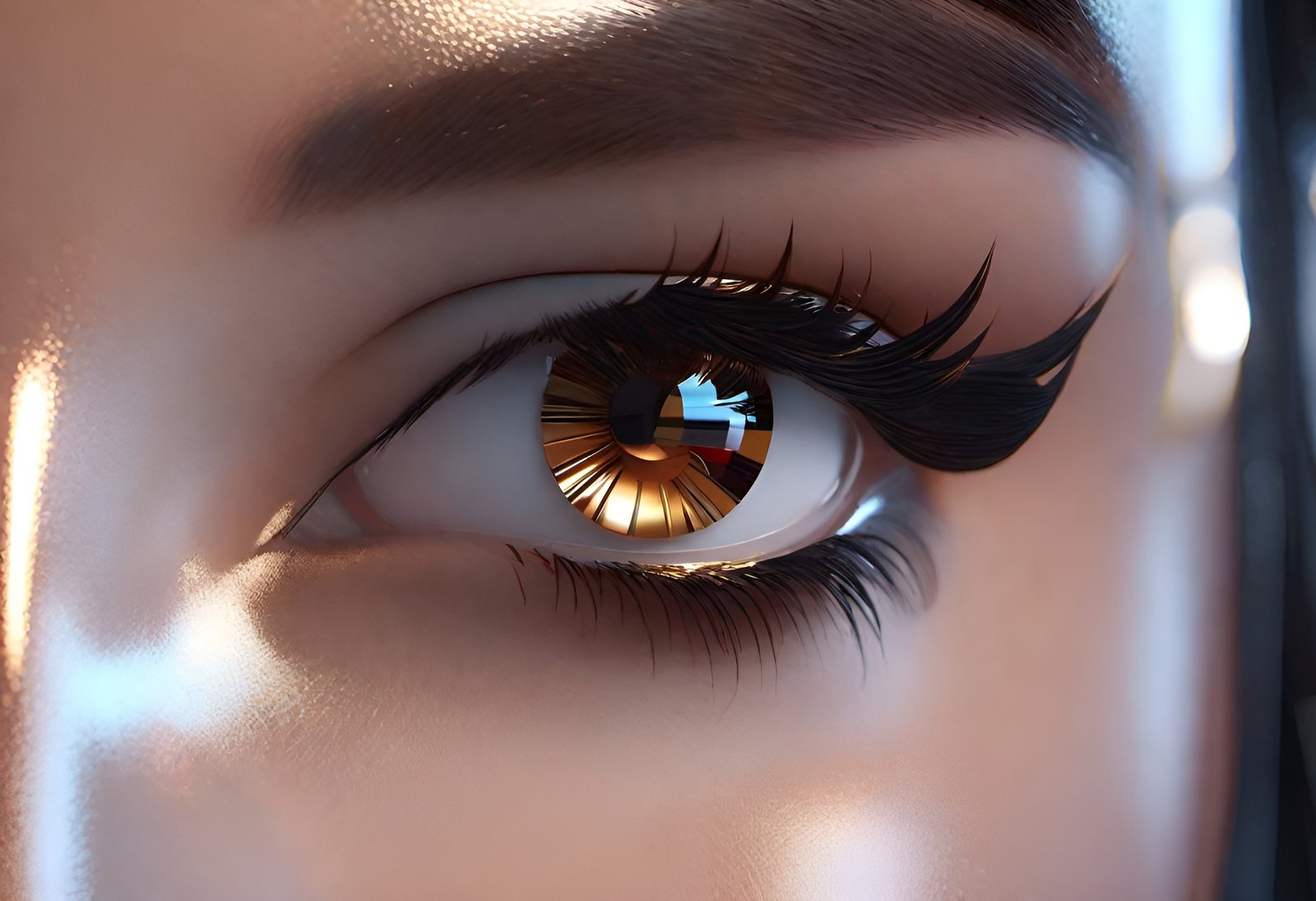 Extreme closeup digital art of human eye with brown iris and long black eyelashes