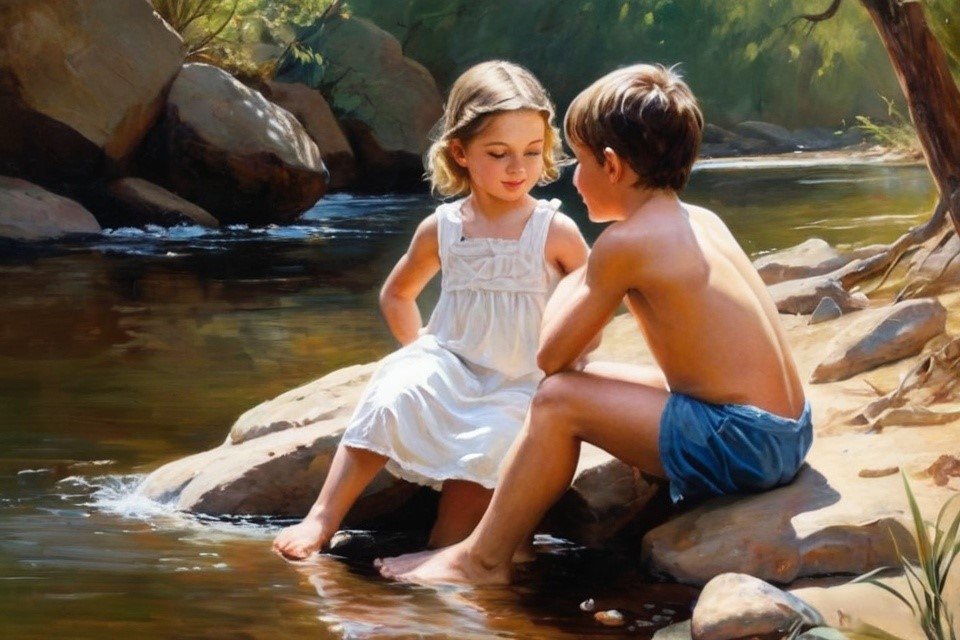 Artistic summer scene of two children sitting on river rock in dappled sunlight with lush green forest