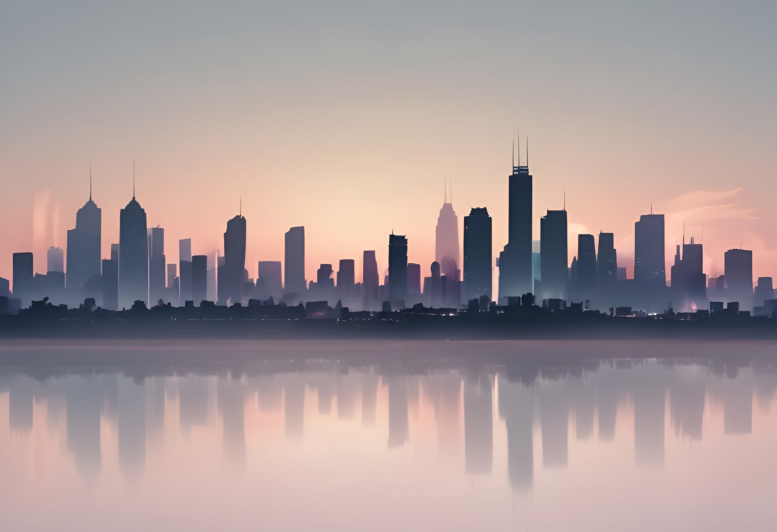 Silhouette of city skyline at sunset with reflection in water below