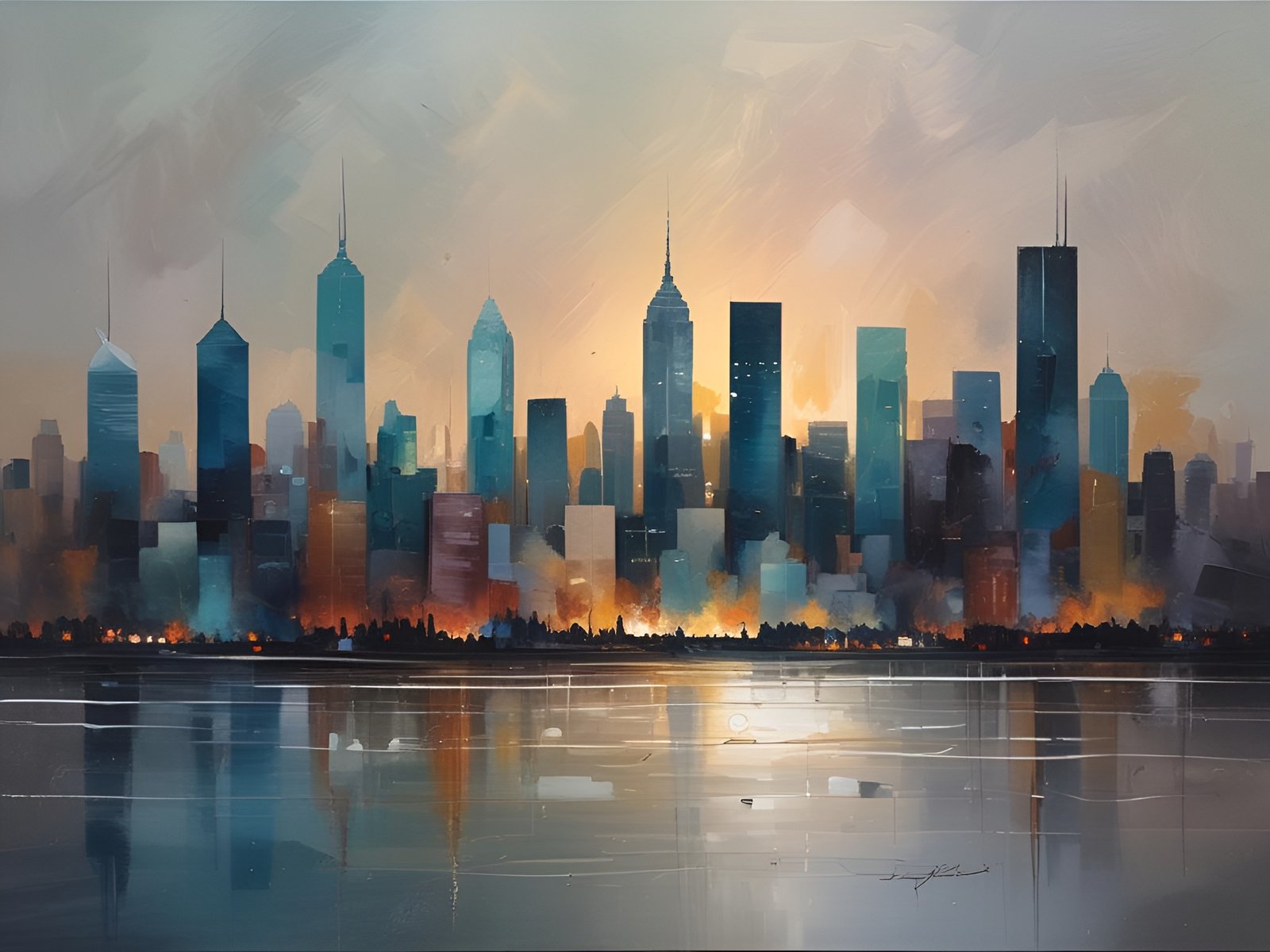City skyline at sunset with buildings reflected in water under orange sky