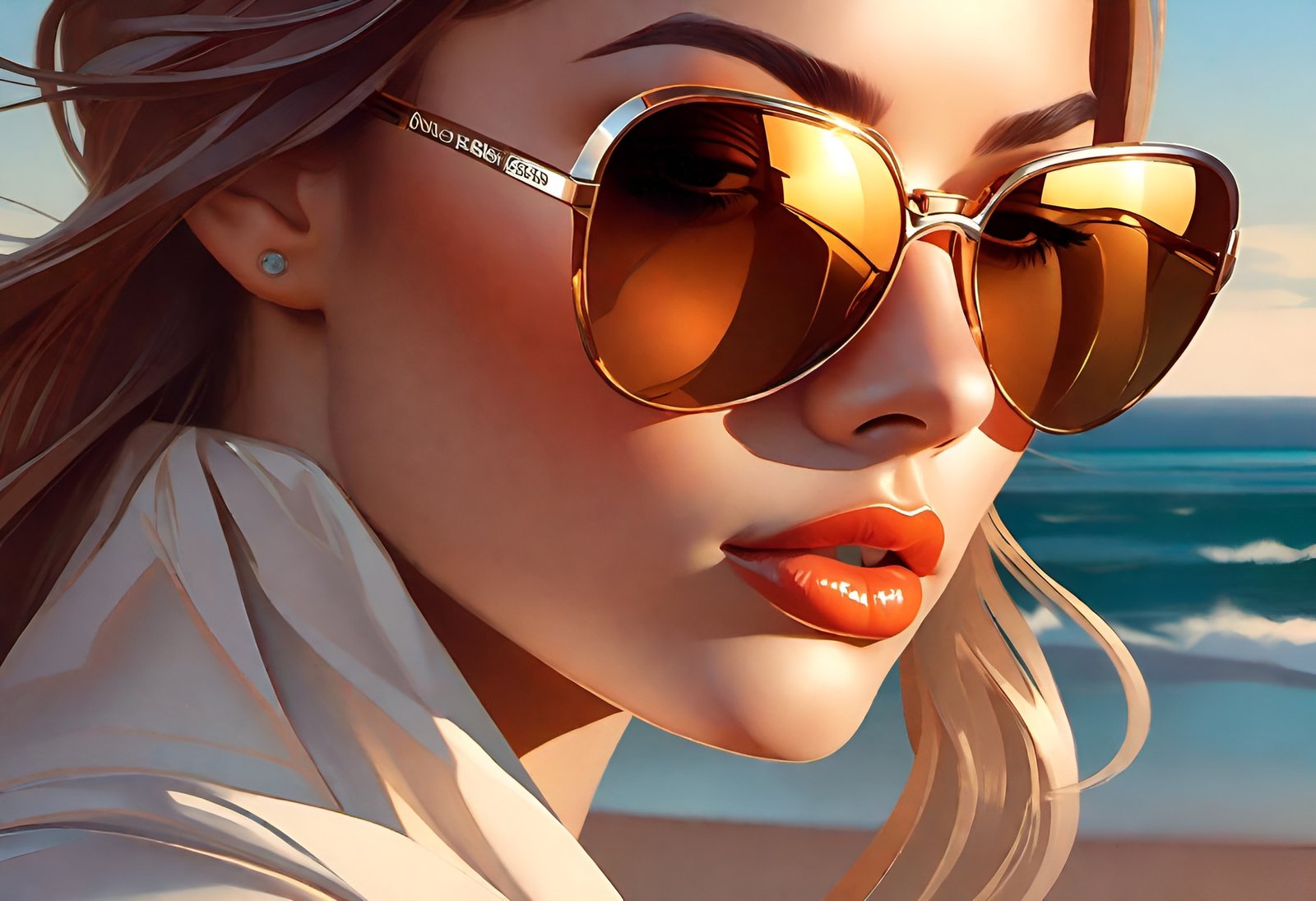 Closeup digital portrait of woman with gold aviator sunglasses and red lips against beach background
