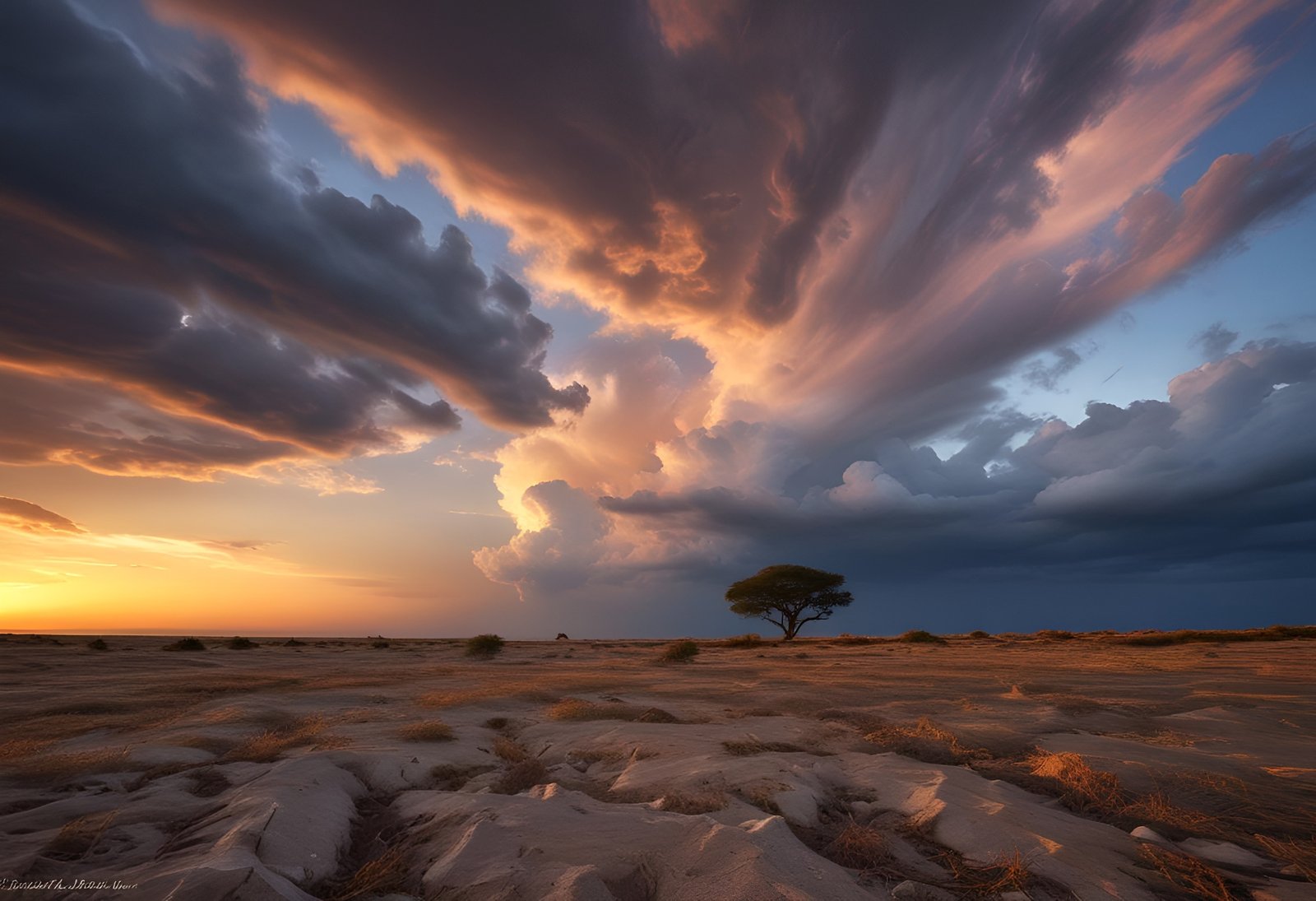 Desert plain with lone tree under dramatic cloudy sky at sunset