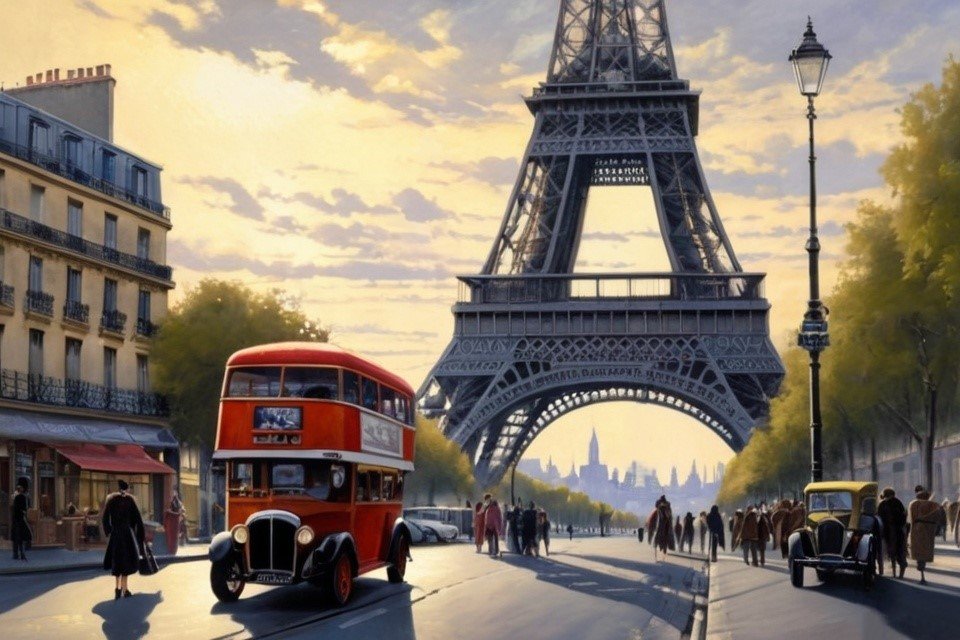 Artistic vintage Paris scene with Eiffel Tower, red double-decker bus and classic cars in golden sunlight