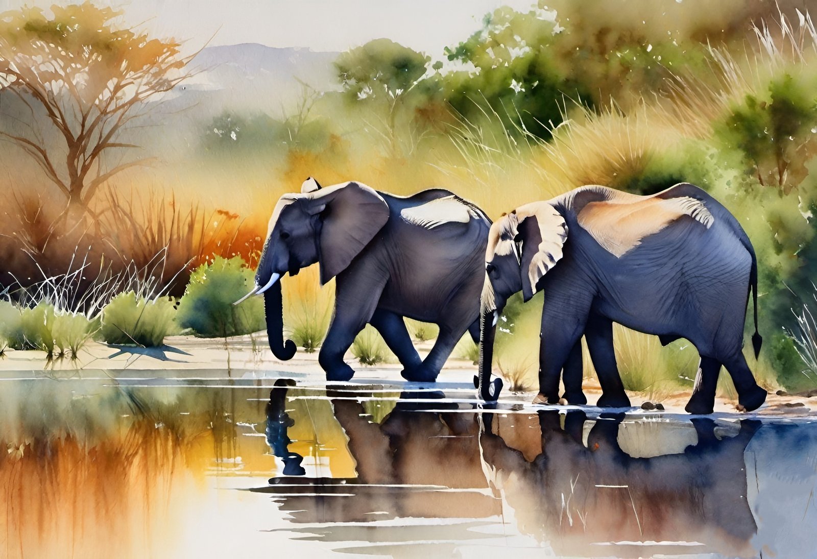 Watercolor painting of two elephants walking by water with reflections in savanna