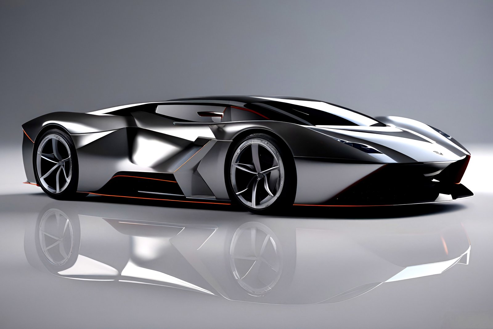 Modern art image of futuristic silver sports car with orange accents on a gray background