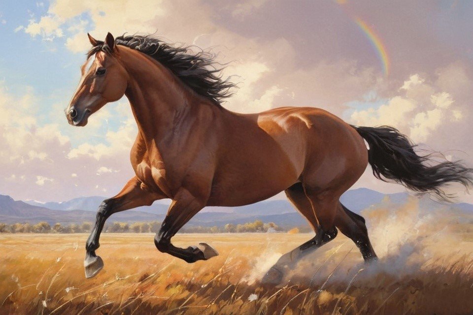 Artistic brown horse galloping through golden grass field under rainbow and distant purple mountains