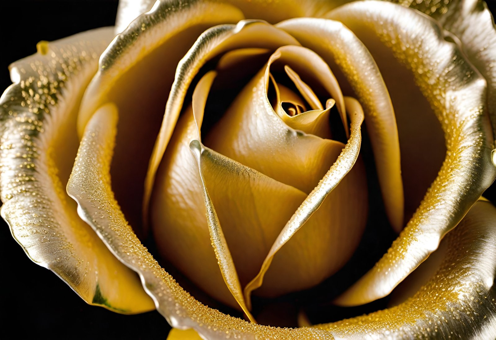 Floral photograph of gold rose with dew drops on black background