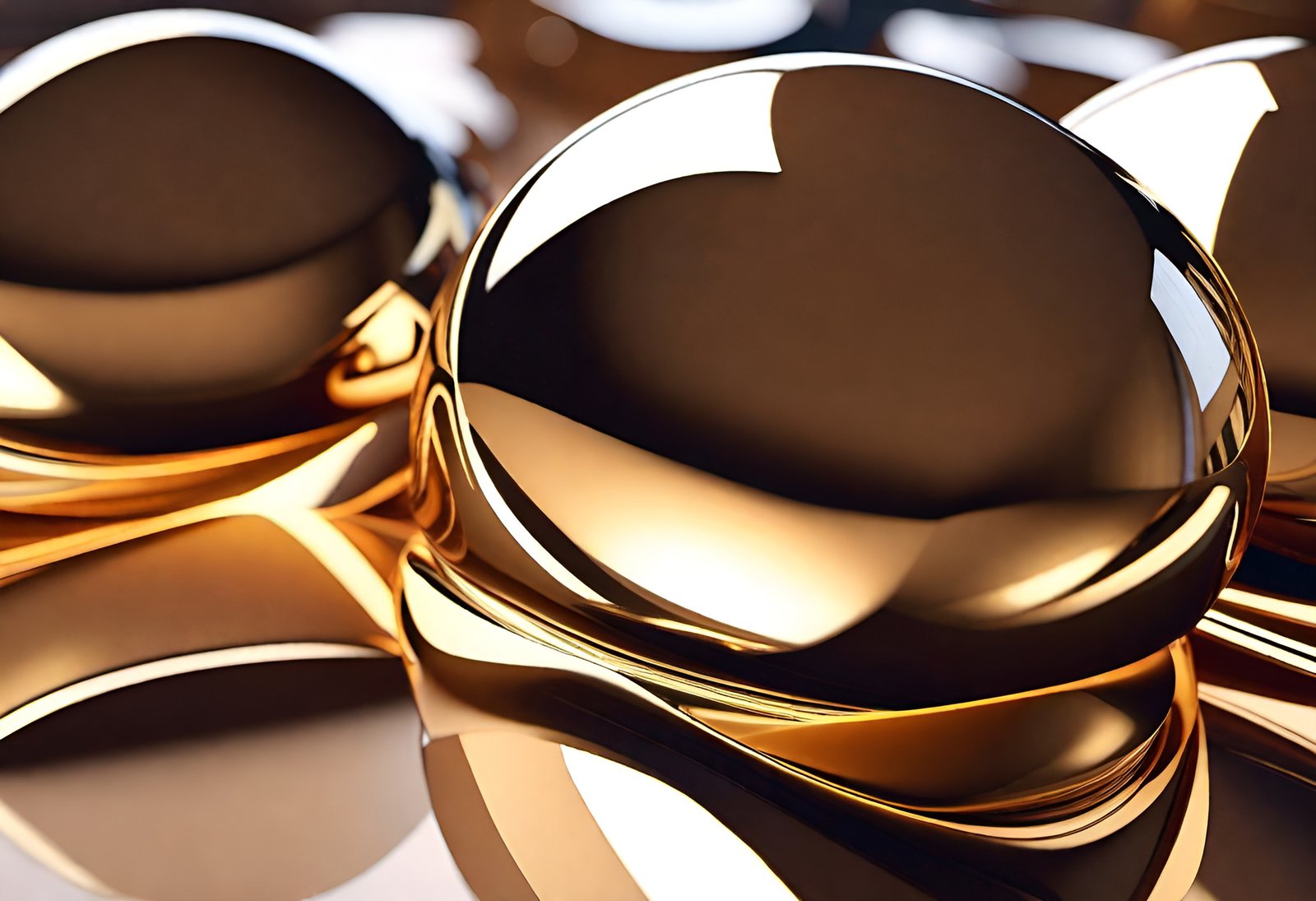 Closeup 3D render of shiny golden metallic spheres stacked with reflections