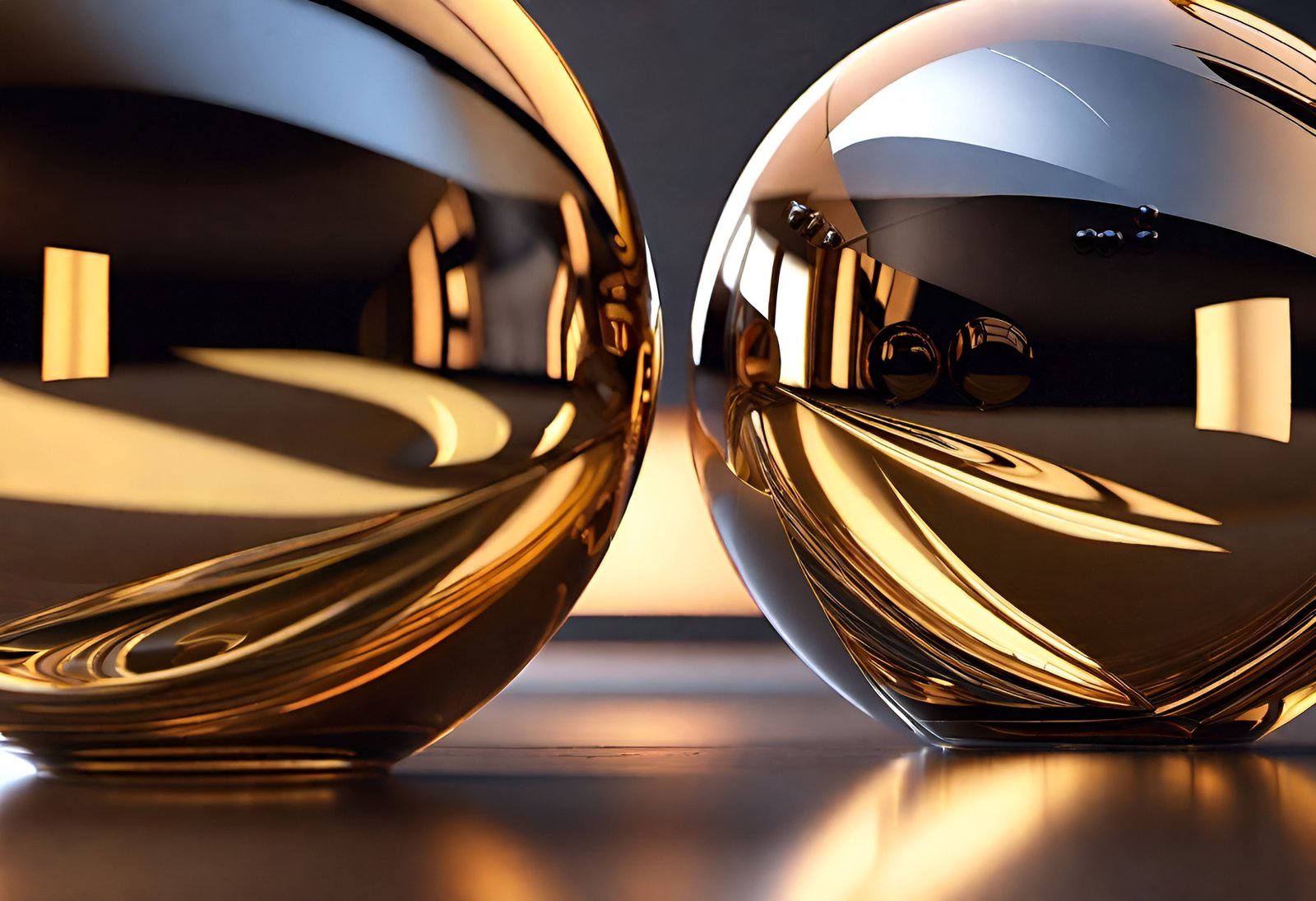Abstract art image of two golden reflective spheres on dark surface