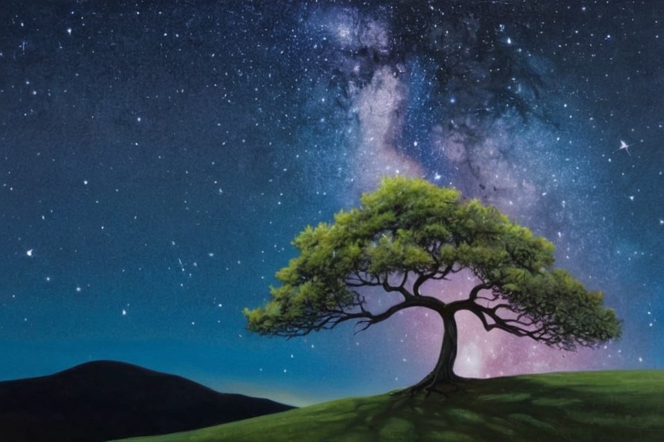 Artistic lone acacia tree on green hill beneath brilliant Milky Way and star-filled night sky