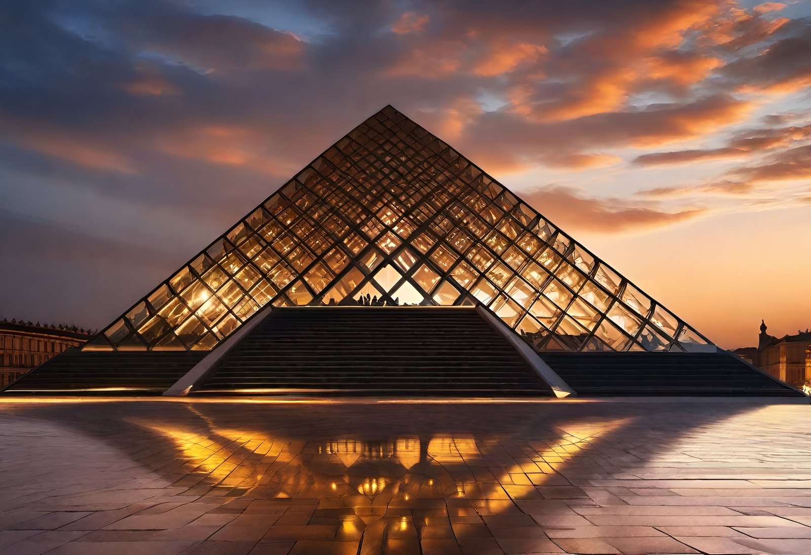 Realistic photo of Louvre pyramid at sunset with ground reflection in Paris