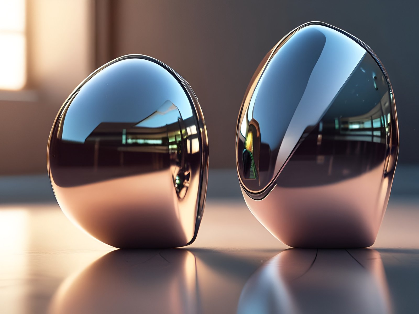 Two metallic objects with reflective surfaces on table top