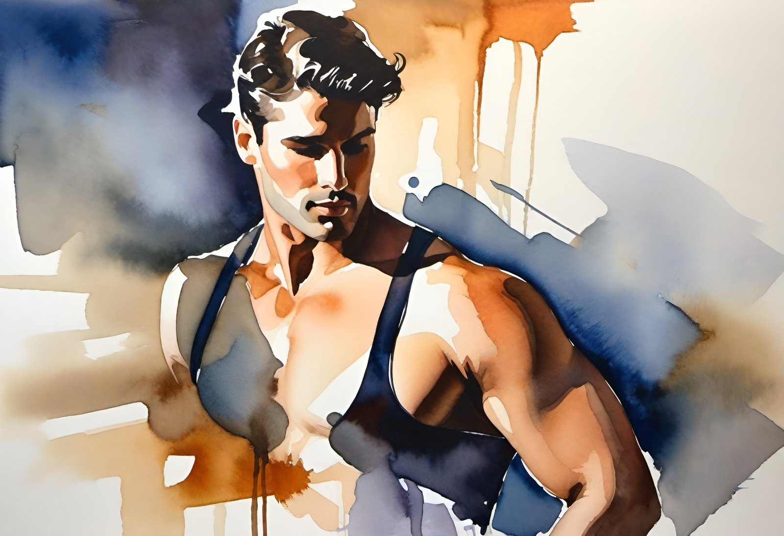 Watercolor portrait of muscular man in black tank top looking down with abstract blue and orange background